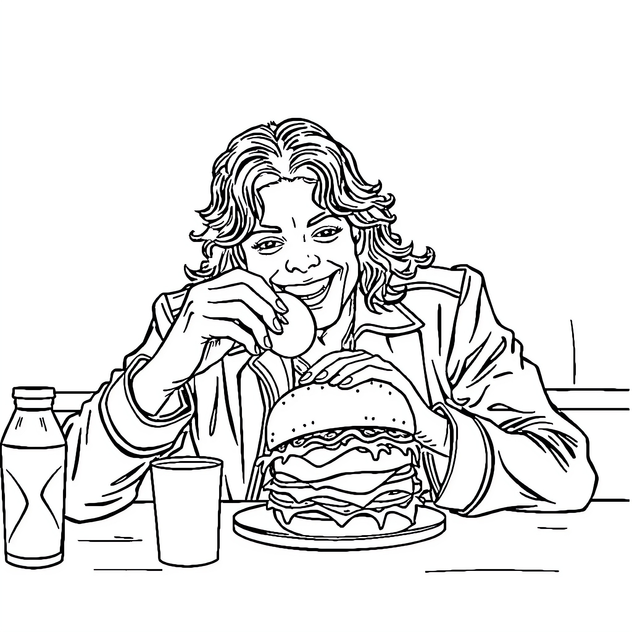 Michael Jackson enjoying a burger and drink Coloring Page (free black-and-white line drawing printable PDF for all, from beginners to advanced learners, including children, teens, adults, and seniors)