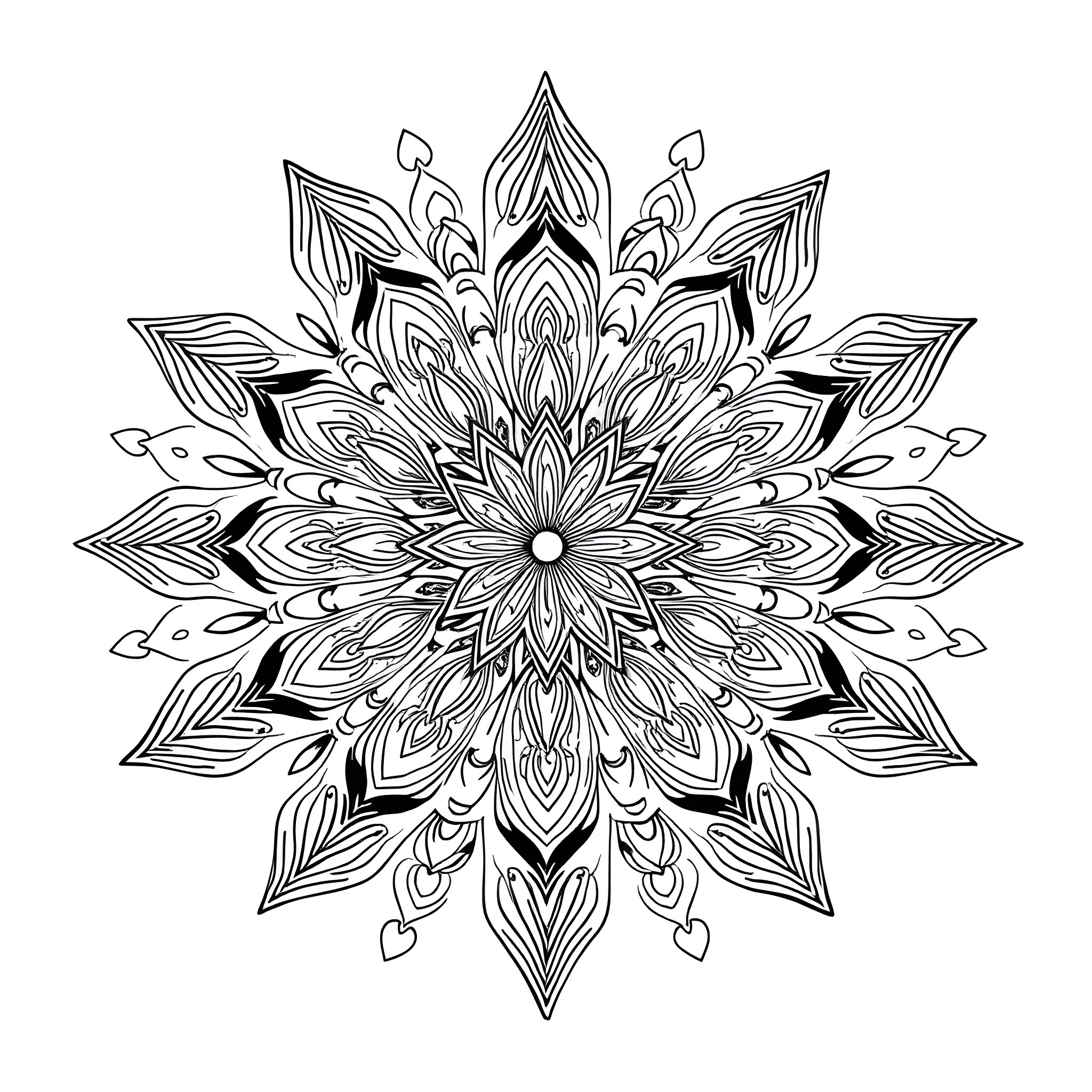 Water Mandala of Intricate Floral Patterns Coloring Page (free black-and-white line drawing printable PDF for all, from beginners to advanced learners, including children, teens, adults, and seniors)