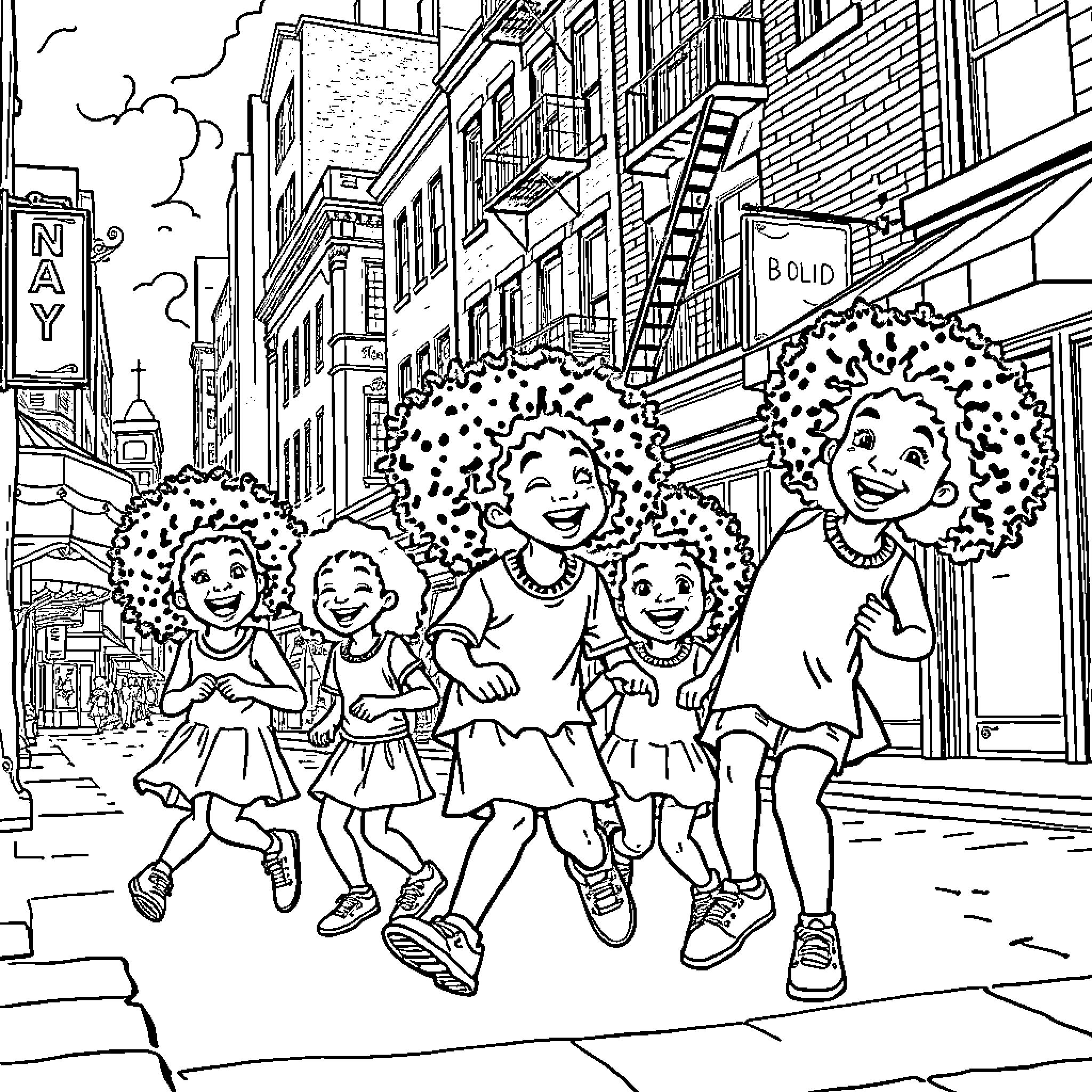 Children playing happily on city street Coloring Page (free black-and-white line drawing printable PDF for all, from beginners to advanced learners, including children, teens, adults, and seniors)