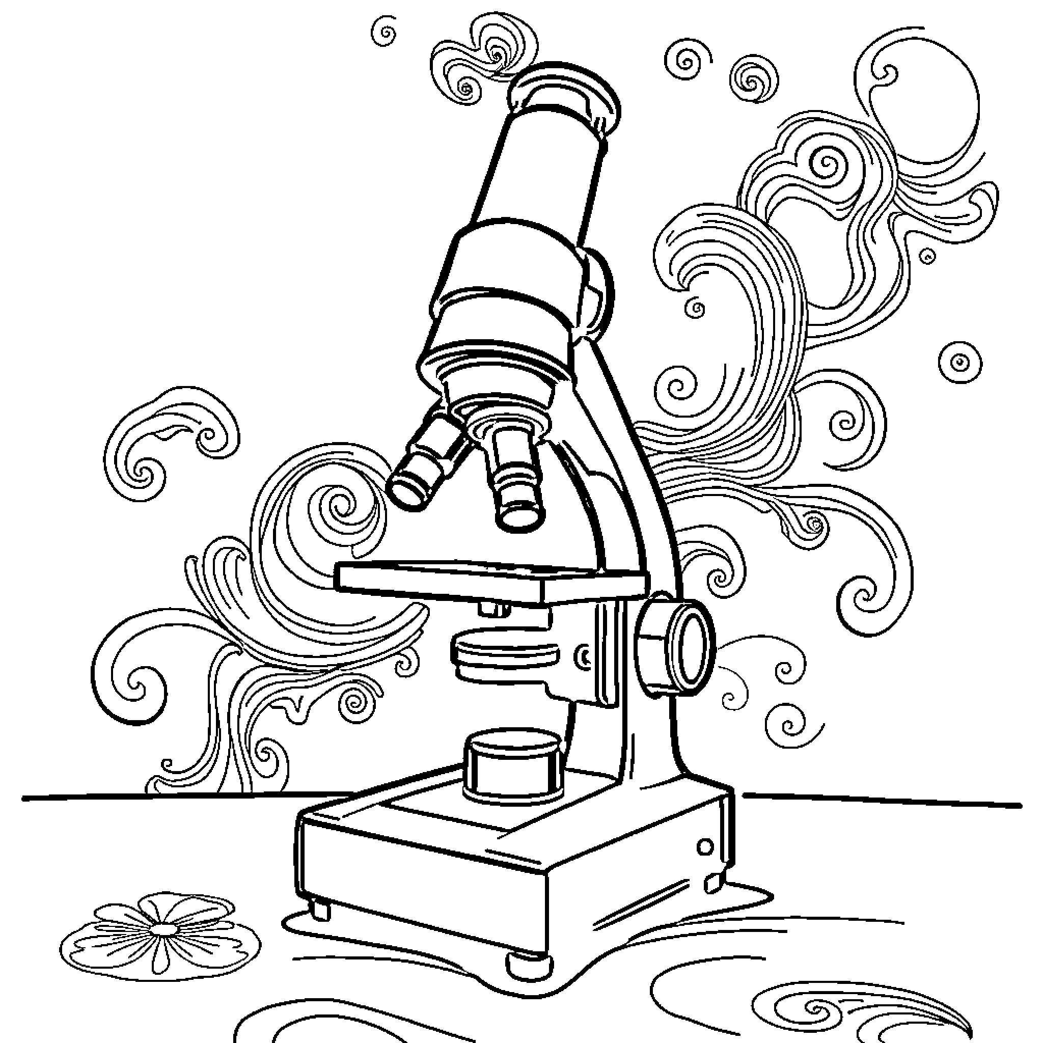 Microscope with Whimsical Surroundings Coloring Page (free black-and-white line drawing printable PDF for all, from beginners to advanced learners, including children, teens, adults, and seniors)