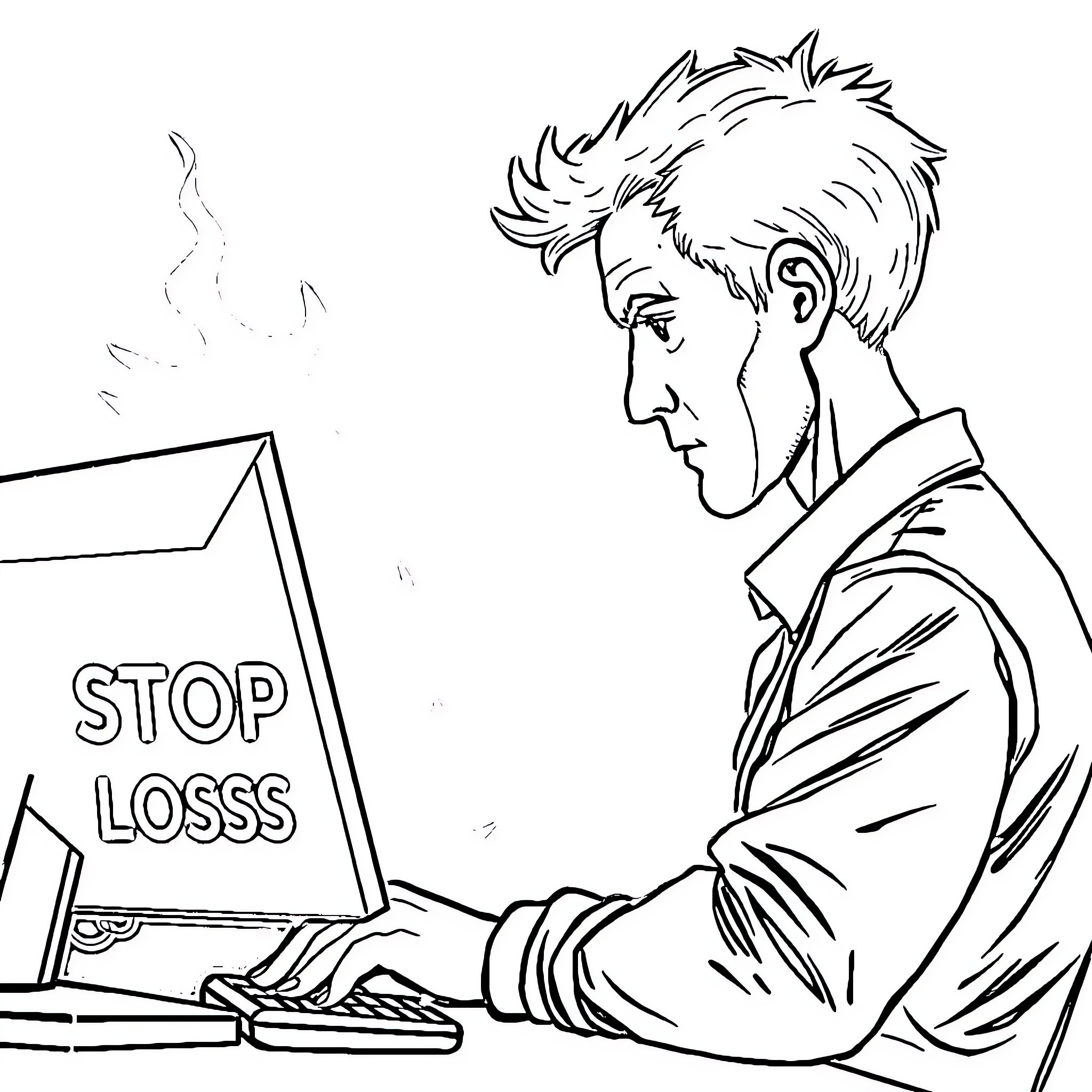 Trader Analyzing Data on Computer with Concern Coloring Page (free black-and-white line drawing printable PDF for all, from beginners to advanced learners, including children, teens, adults, and seniors)