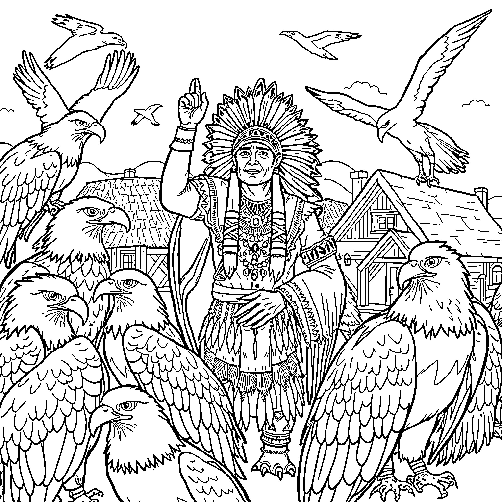 Indian Chief Surrounded by Majestic Eagles in Scenic Landscape Coloring Page (free black-and-white line drawing printable PDF for all, from beginners to advanced learners, including children, teens, adults, and seniors)