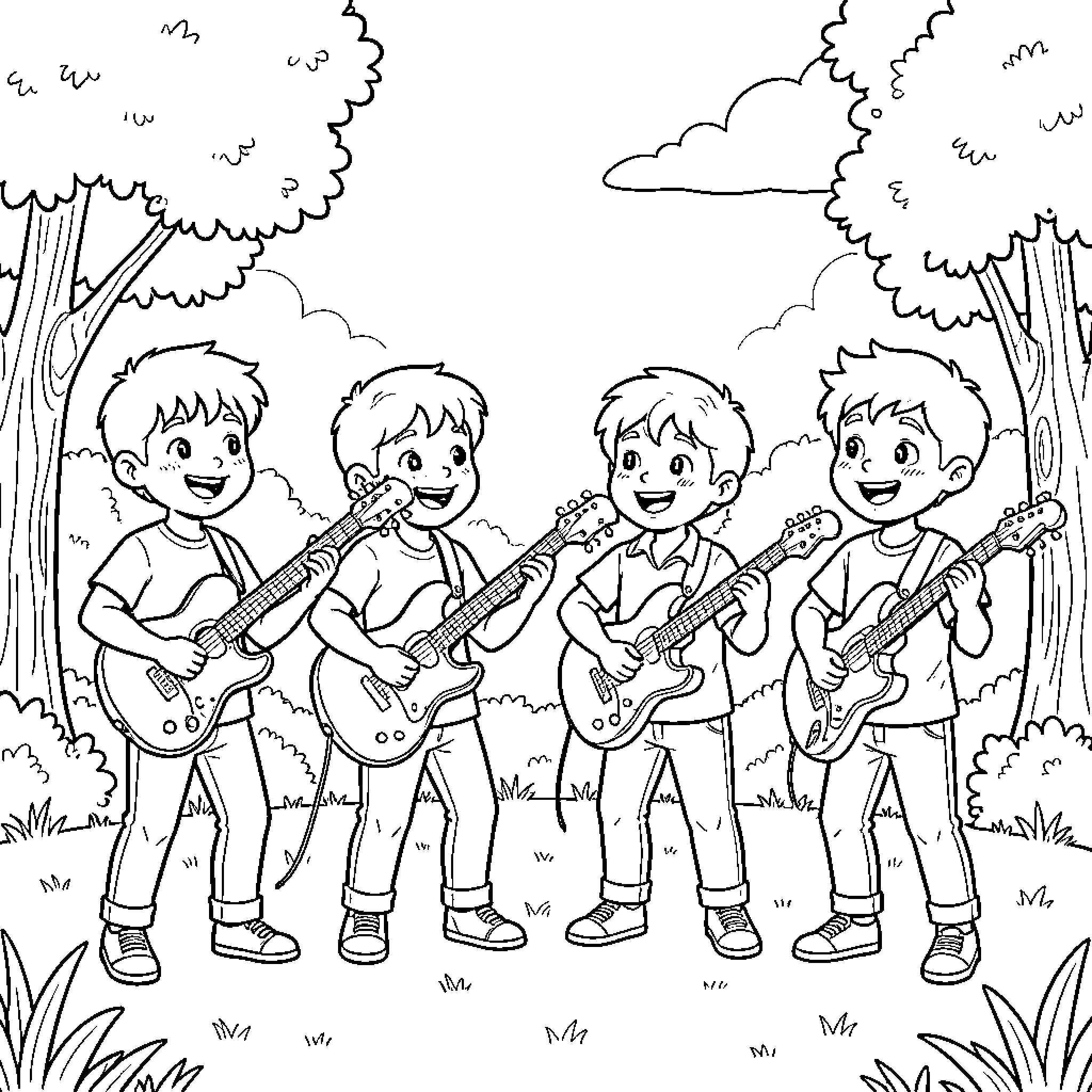 Boys in a rock band playing guitars in the forest Coloring Page (free black-and-white line drawing printable PDF for all, from beginners to advanced learners, including children, teens, adults, and seniors)