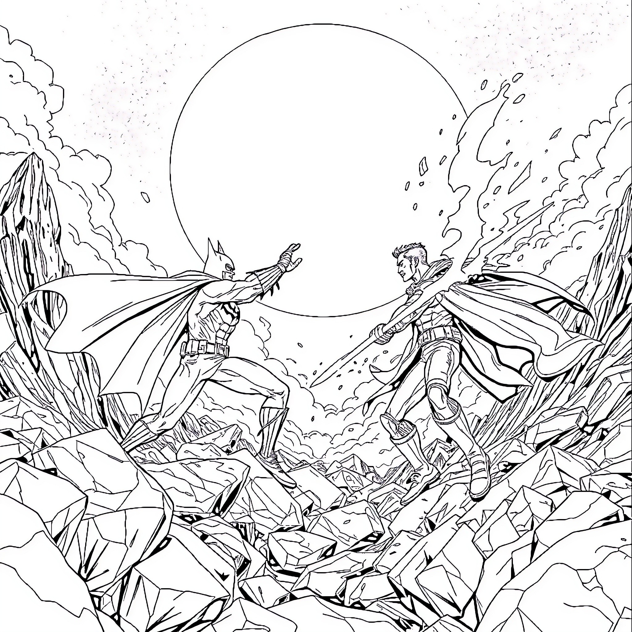Batman battling heroically in a fantastical landscape Coloring Page (free black-and-white line drawing printable PDF for all, from beginners to advanced learners, including children, teens, adults, and seniors)