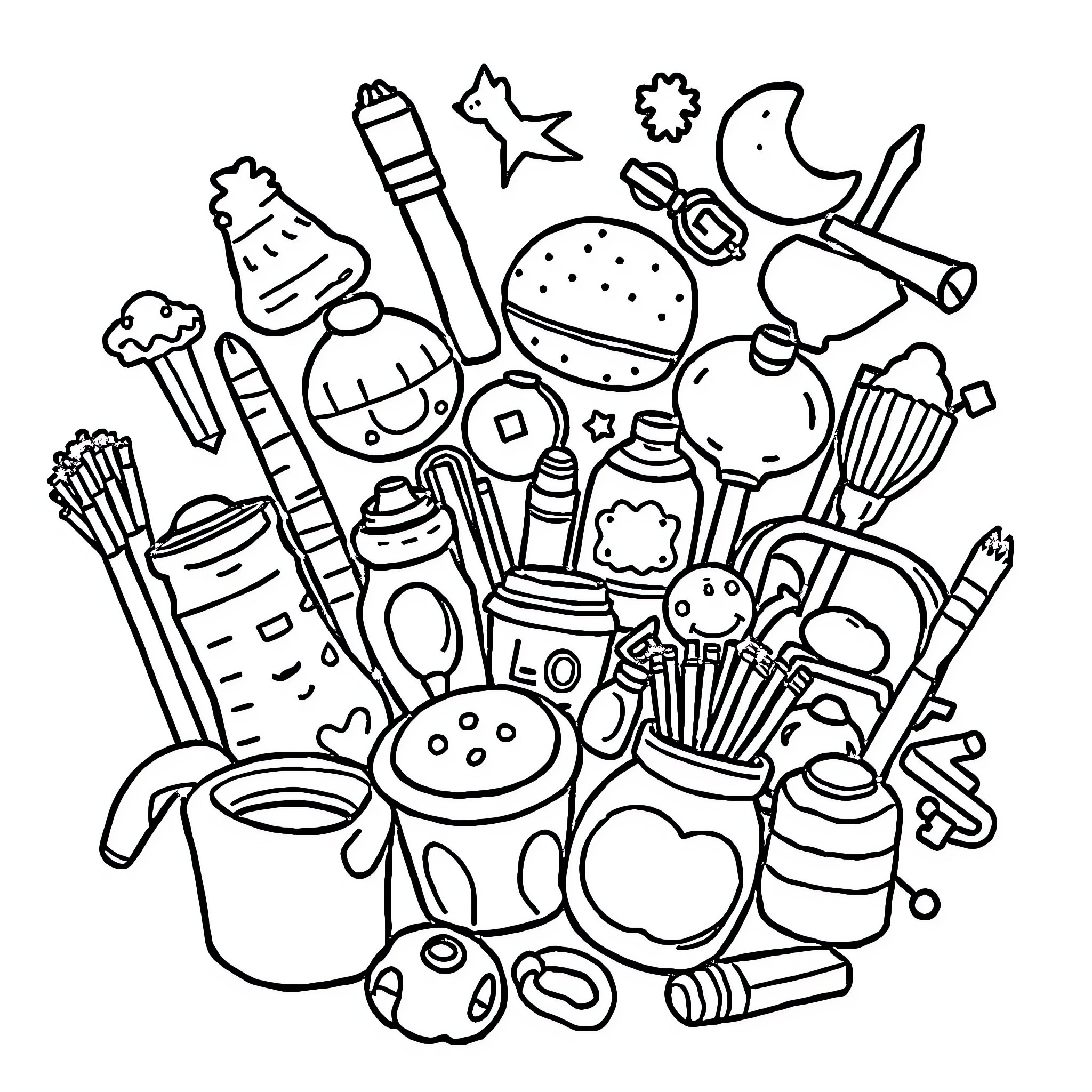 Girl's Favorite Craft Supplies Doodle Coloring Page (free black-and-white line drawing printable PDF for all, from beginners to advanced learners, including children, teens, adults, and seniors)