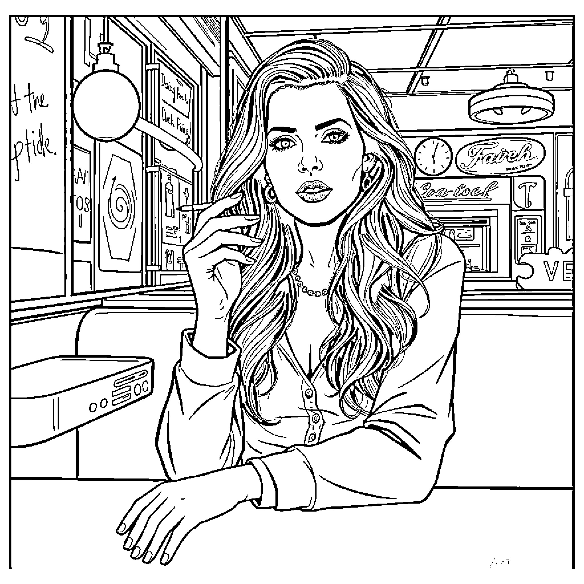 Lana Del Rey in a retro-style diner scene Coloring Page (free black-and-white line drawing printable PDF for all, from beginners to advanced learners, including children, teens, adults, and seniors)