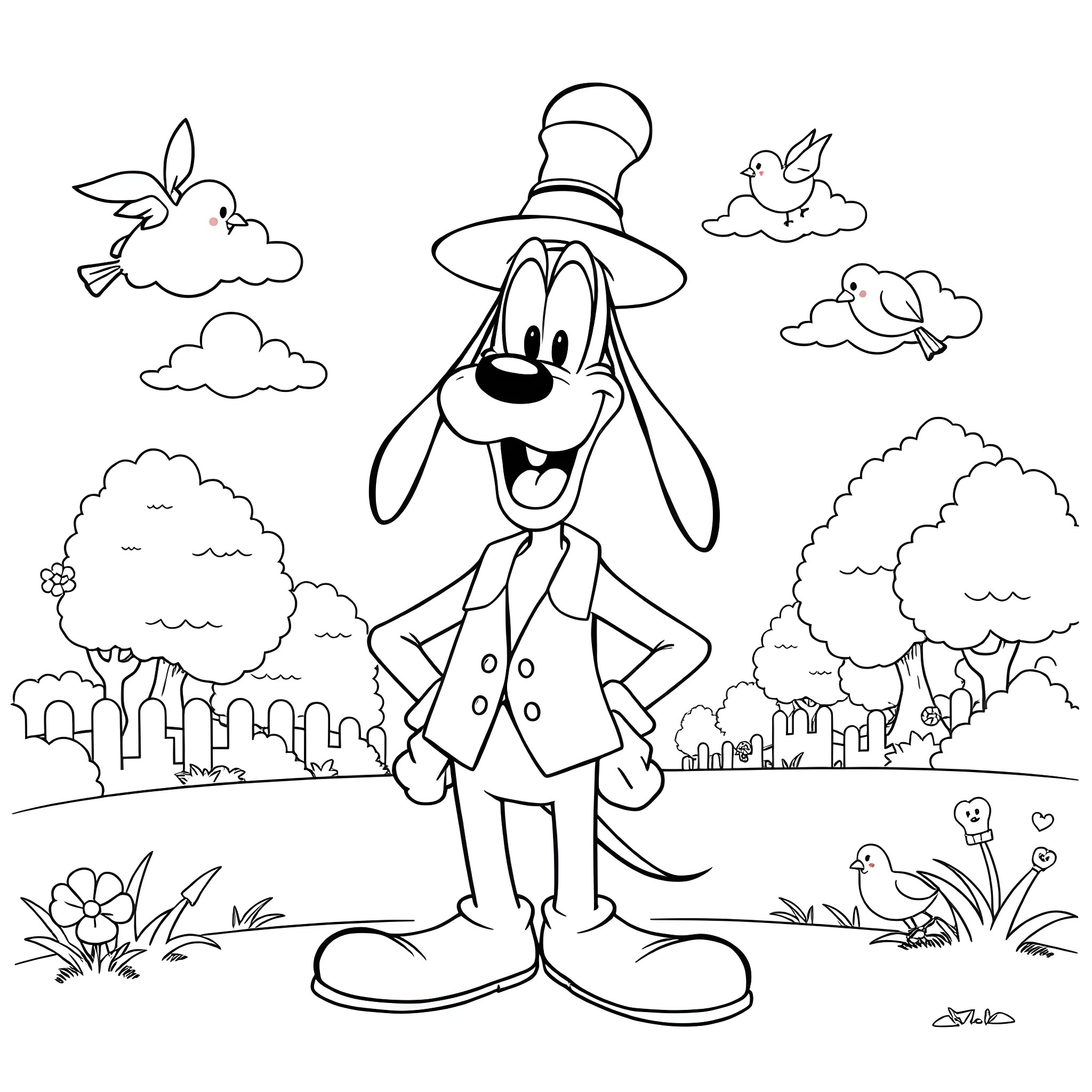 Goofy cartoon dog in a comical outfit enjoying the outdoors Coloring Page (free black-and-white line drawing printable PDF for all, from beginners to advanced learners, including children, teens, adults, and seniors)