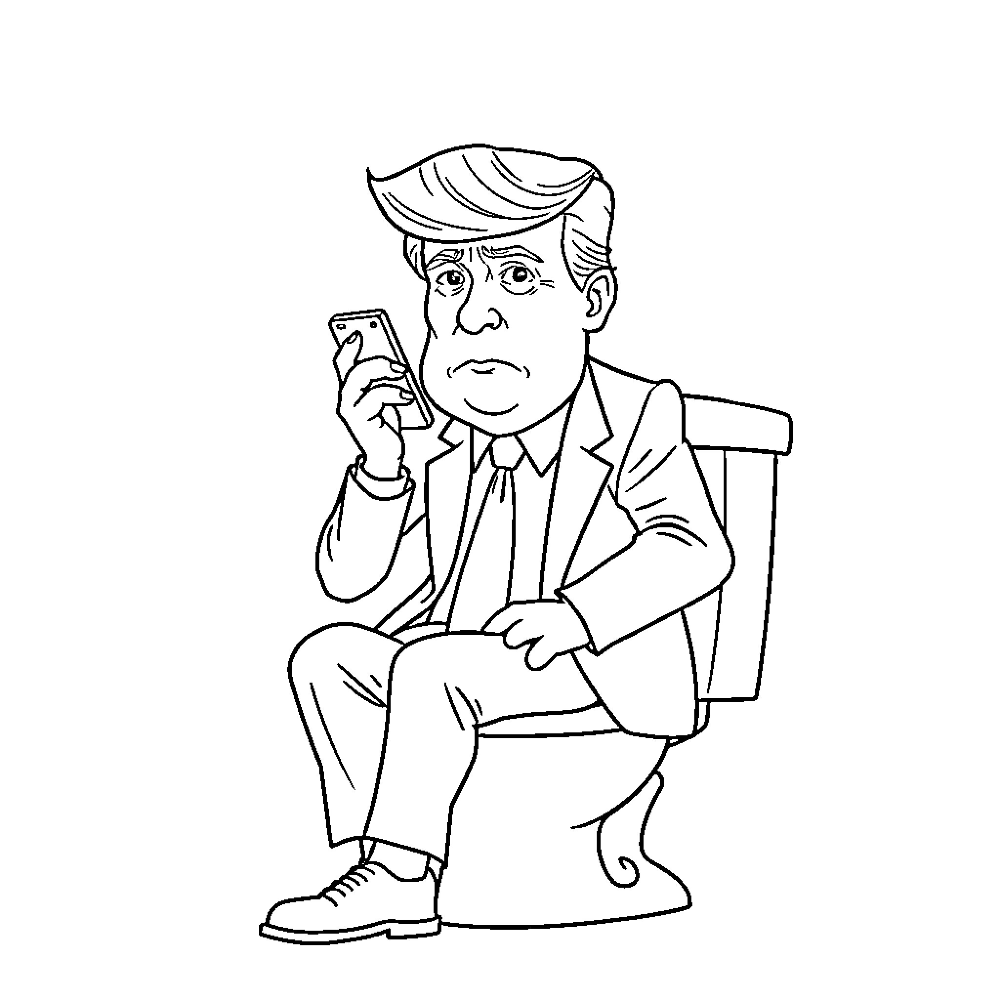 Trump on the phone in a serious expression Coloring Page (free black-and-white line drawing printable PDF for all, from beginners to advanced learners, including children, teens, adults, and seniors)
