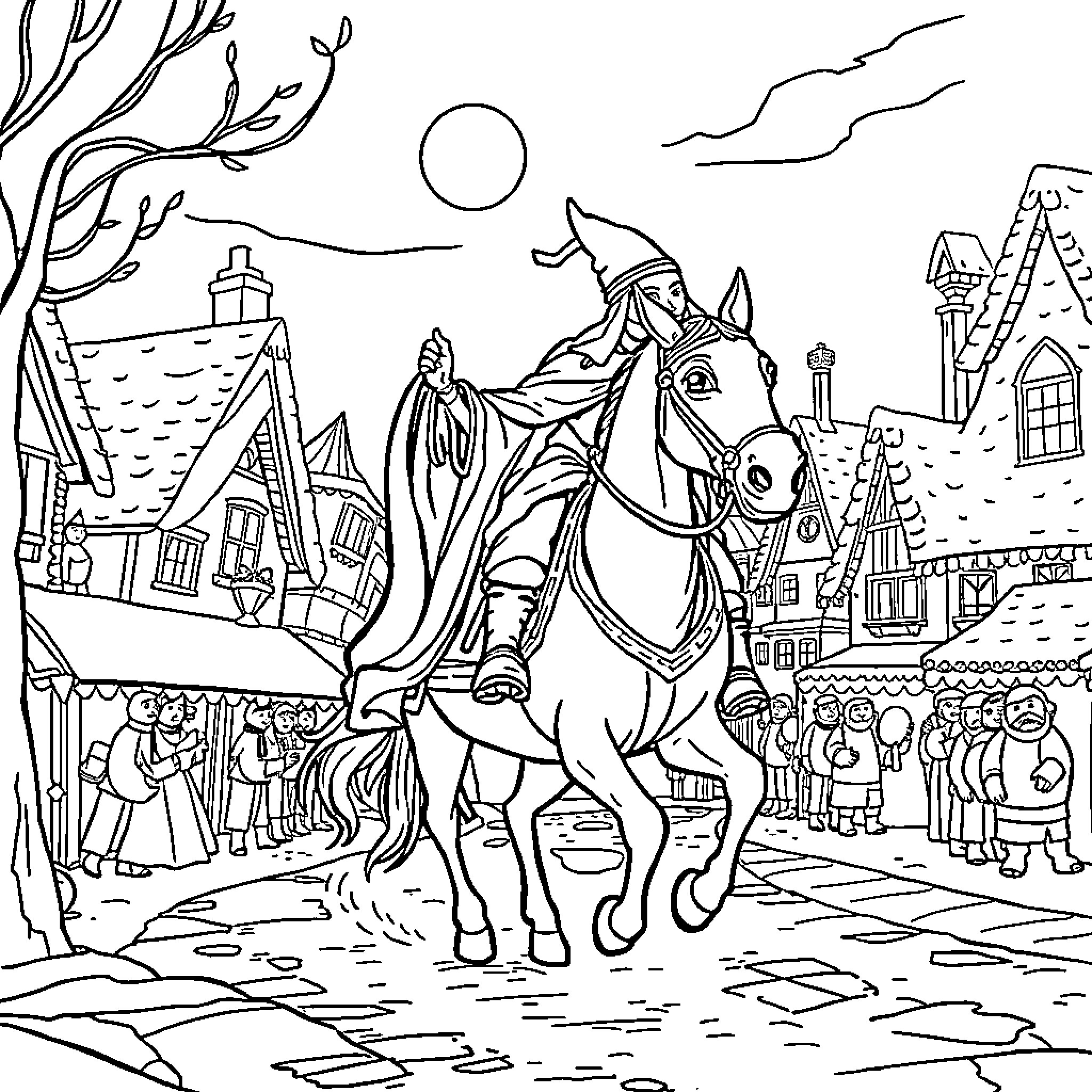 Saint riding a horse through a medieval village Coloring Page (free black-and-white line drawing printable PDF for all, from beginners to advanced learners, including children, teens, adults, and seniors)