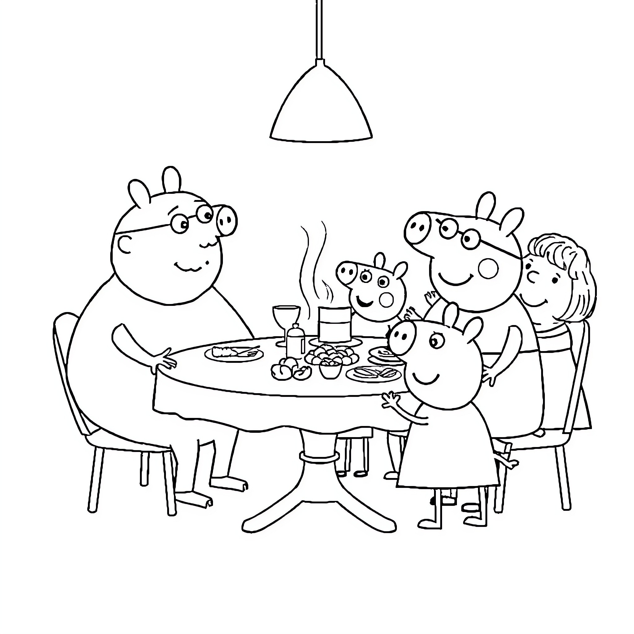 Peppa Pig family having a meal together Coloring Page (free black-and-white line drawing printable PDF for all, from beginners to advanced learners, including children, teens, adults, and seniors)