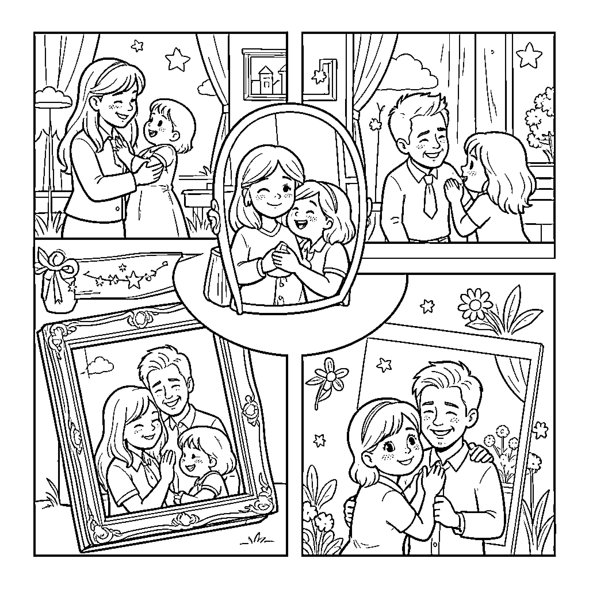 Moment of joyful family hugs and togetherness Coloring Page (free black-and-white line drawing printable PDF for all, from beginners to advanced learners, including children, teens, adults, and seniors)