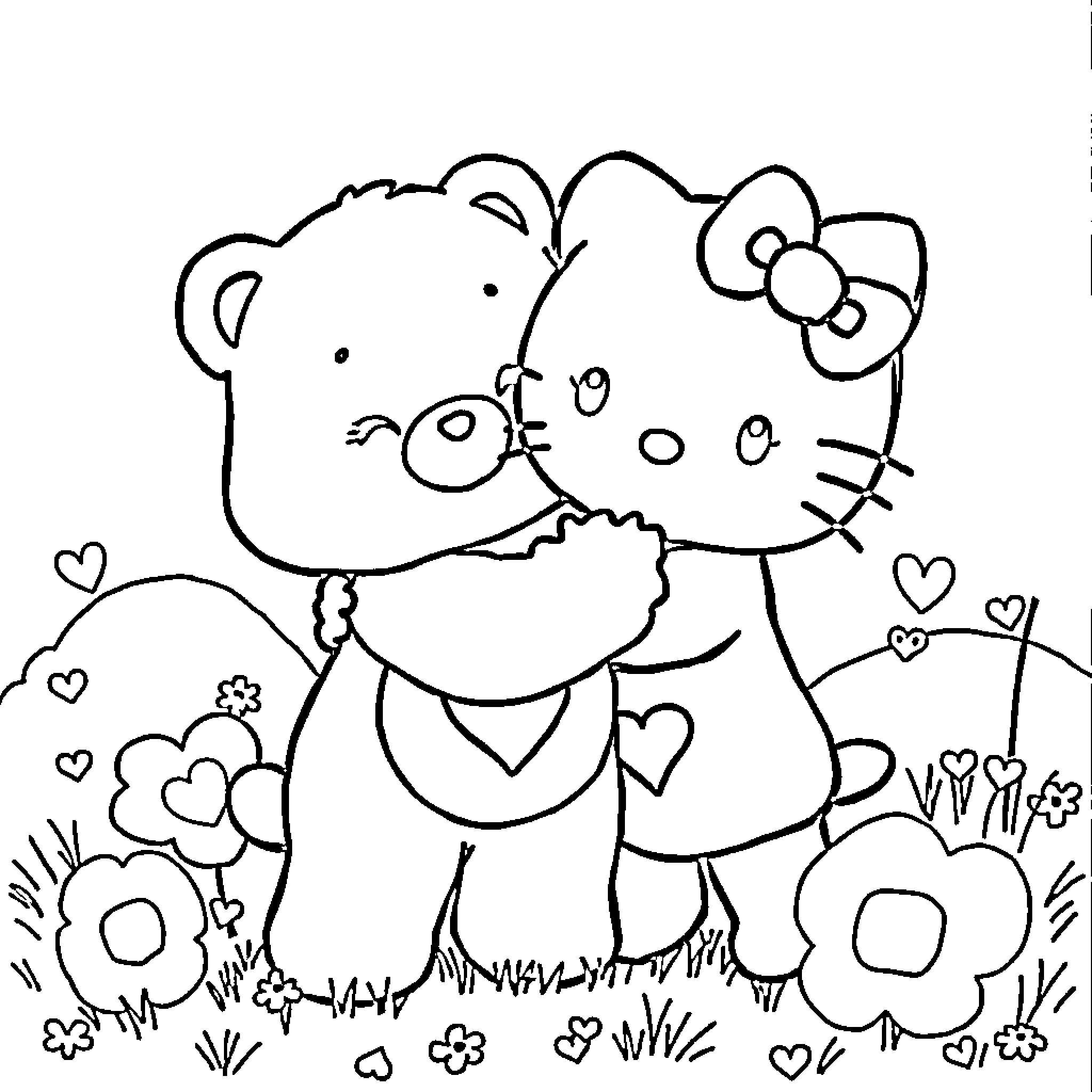 Hello Kitty sharing a loving embrace with her friend Coloring Page (free black-and-white line drawing printable PDF for all, from beginners to advanced learners, including children, teens, adults, and seniors)