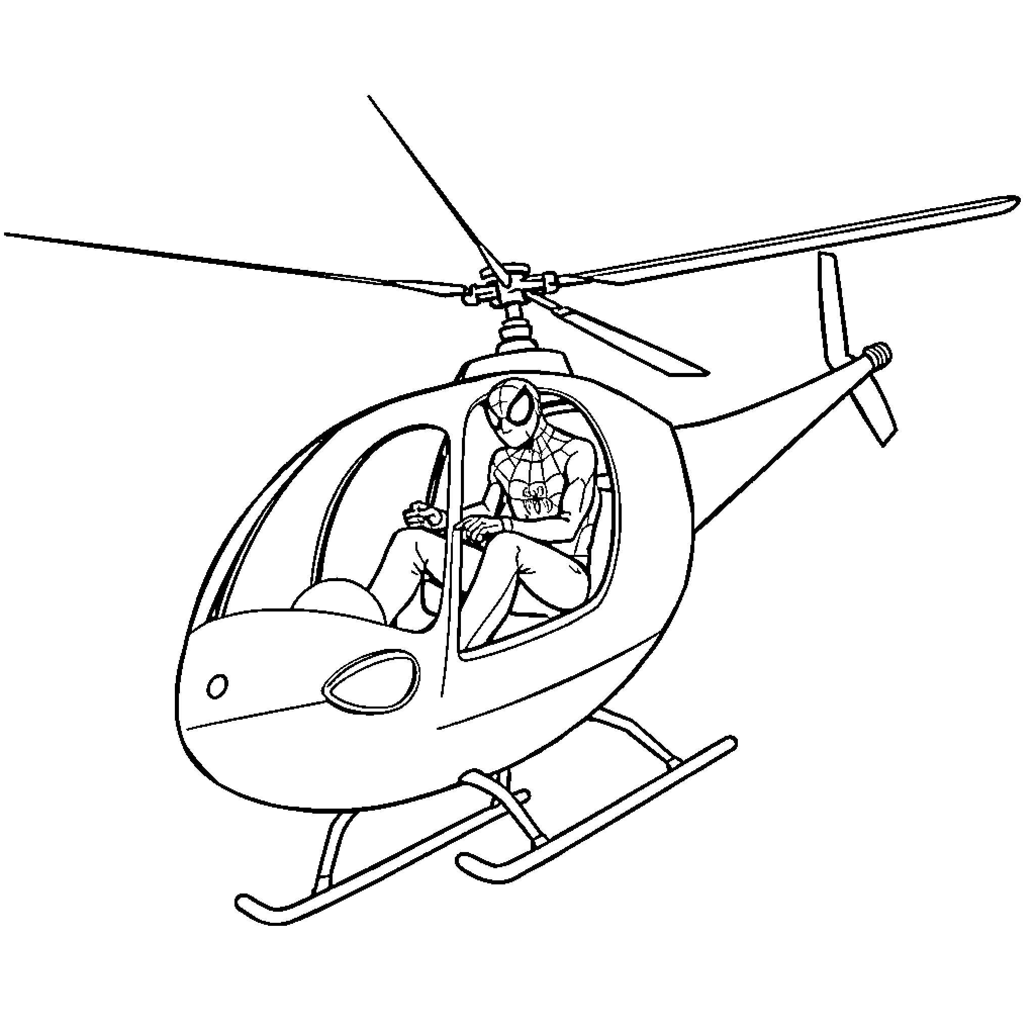 Helicopter carrying a superhero Coloring Page (free black-and-white line drawing printable PDF for all, from beginners to advanced learners, including children, teens, adults, and seniors)