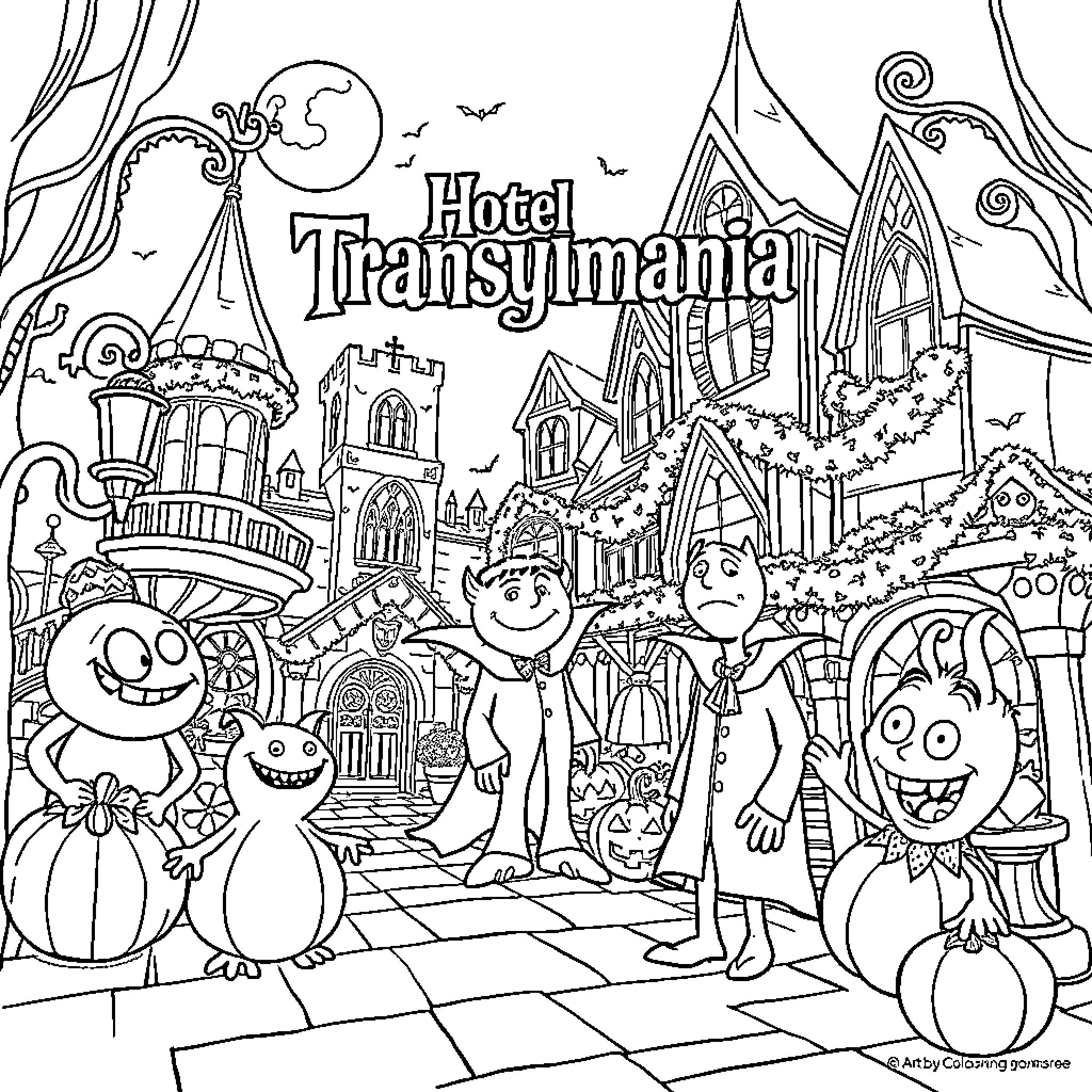 Hotel Transylvania Scenes and Characters Coloring Page (free black-and-white line drawing printable PDF for all, from beginners to advanced learners, including children, teens, adults, and seniors)