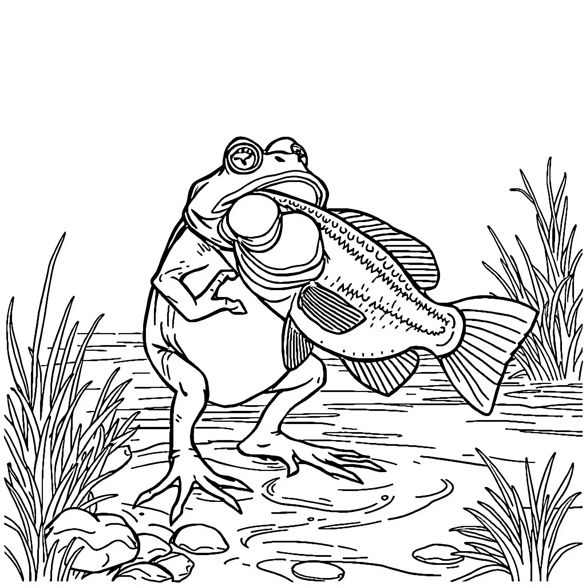 Frog resting by the pond Coloring Page (free black-and-white line drawing printable PDF for all, from beginners to advanced learners, including children, teens, adults, and seniors)