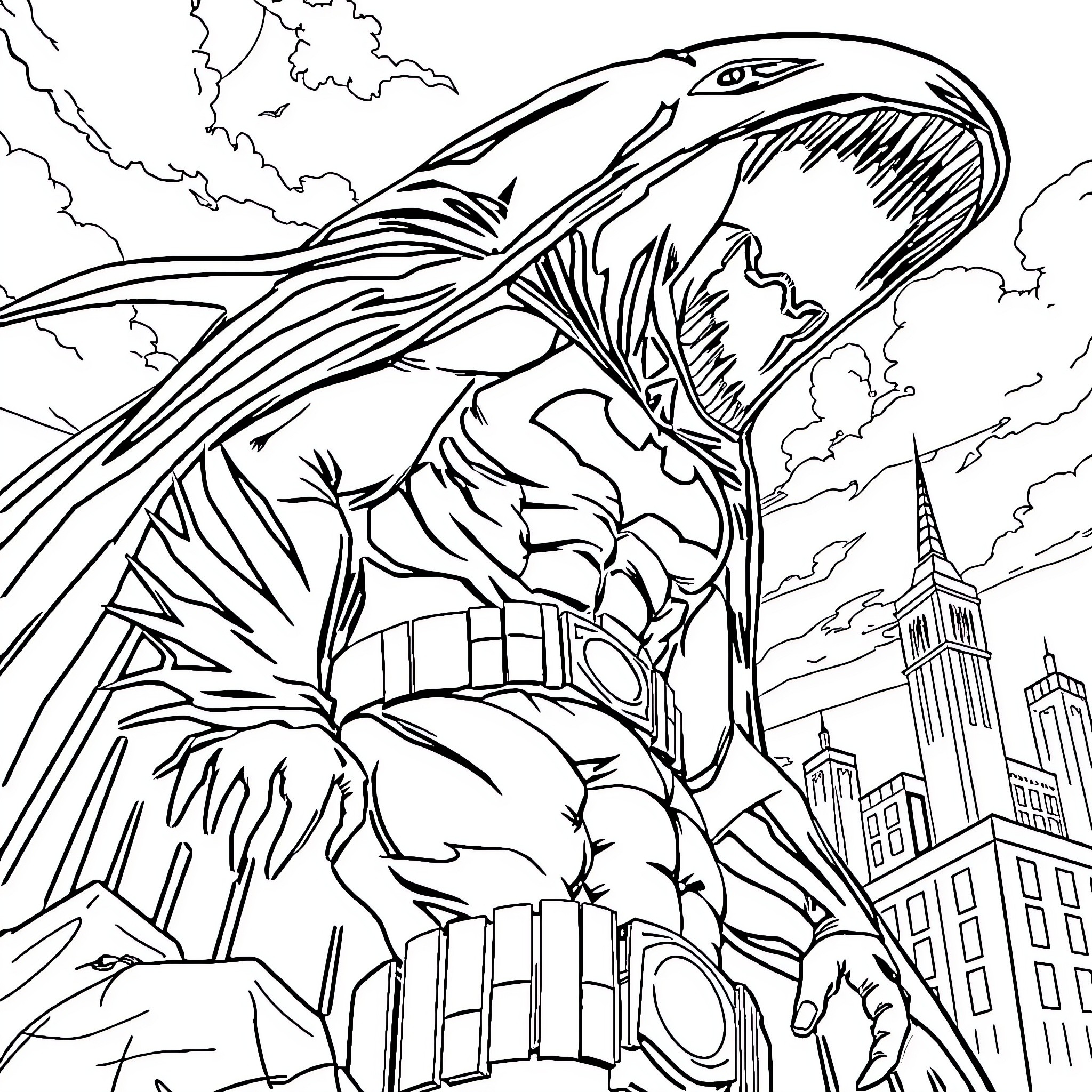 Dilophosaurus battling in the city skyline Coloring Page (free black-and-white line drawing printable PDF for all, from beginners to advanced learners, including children, teens, adults, and seniors)