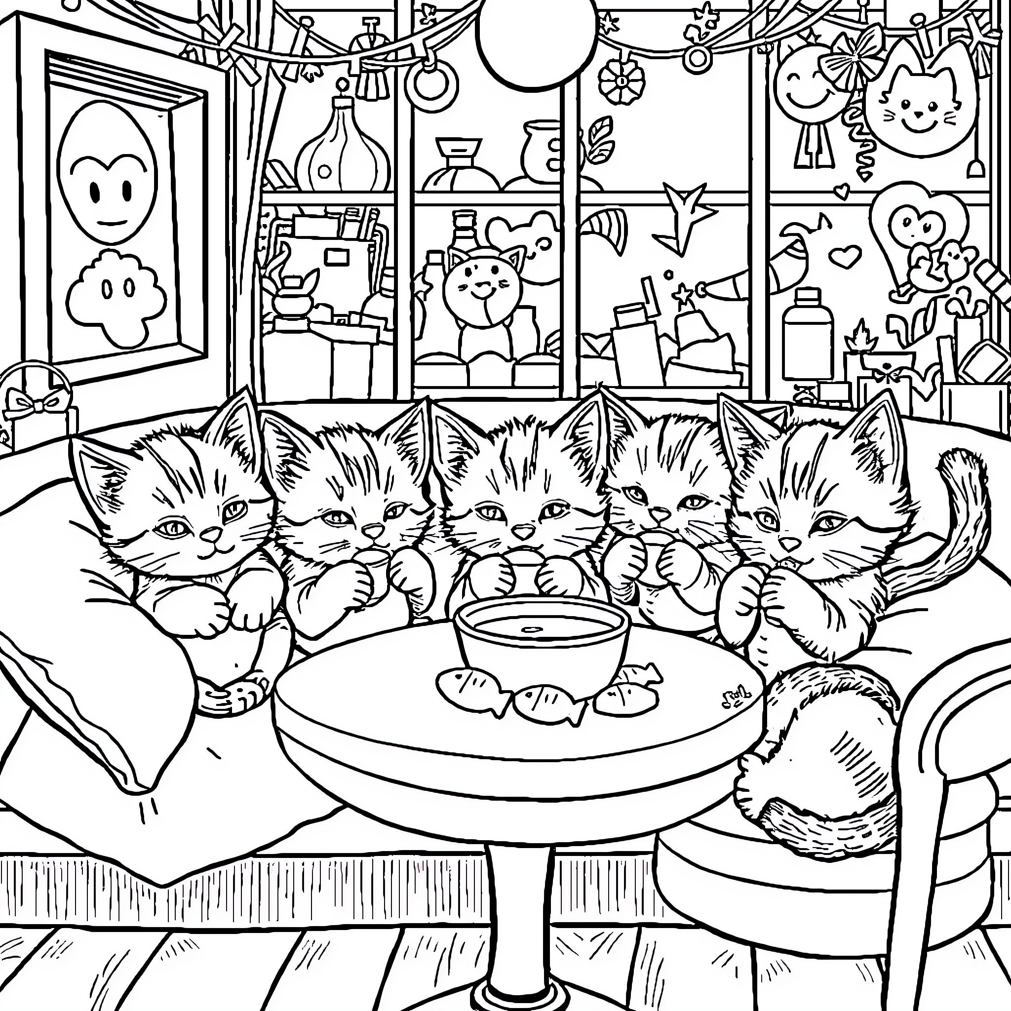 Kittens enjoying their meal in a cozy room Coloring Page (free black-and-white line drawing printable PDF for all, from beginners to advanced learners, including children, teens, adults, and seniors)