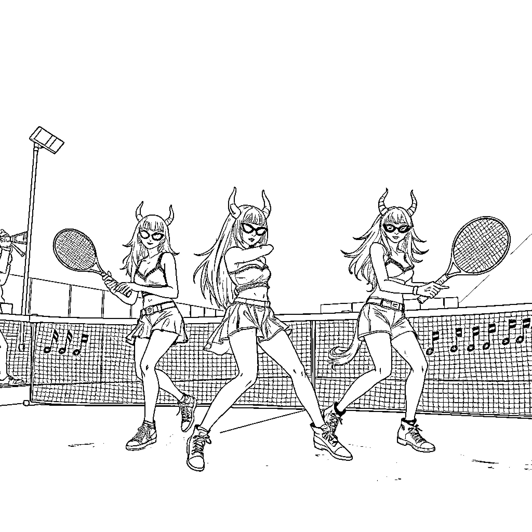 K-POP Demon Hunters Engage in Fierce Tennis Match Coloring Page (free black-and-white line drawing printable PDF for all, from beginners to advanced learners, including children, teens, adults, and seniors)