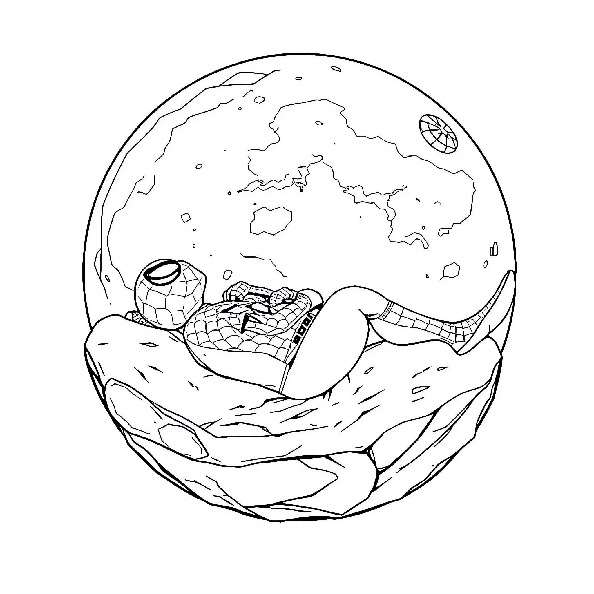 Spider-Man resting on a rocky planet Coloring Page (free black-and-white line drawing printable PDF for all, from beginners to advanced learners, including children, teens, adults, and seniors)