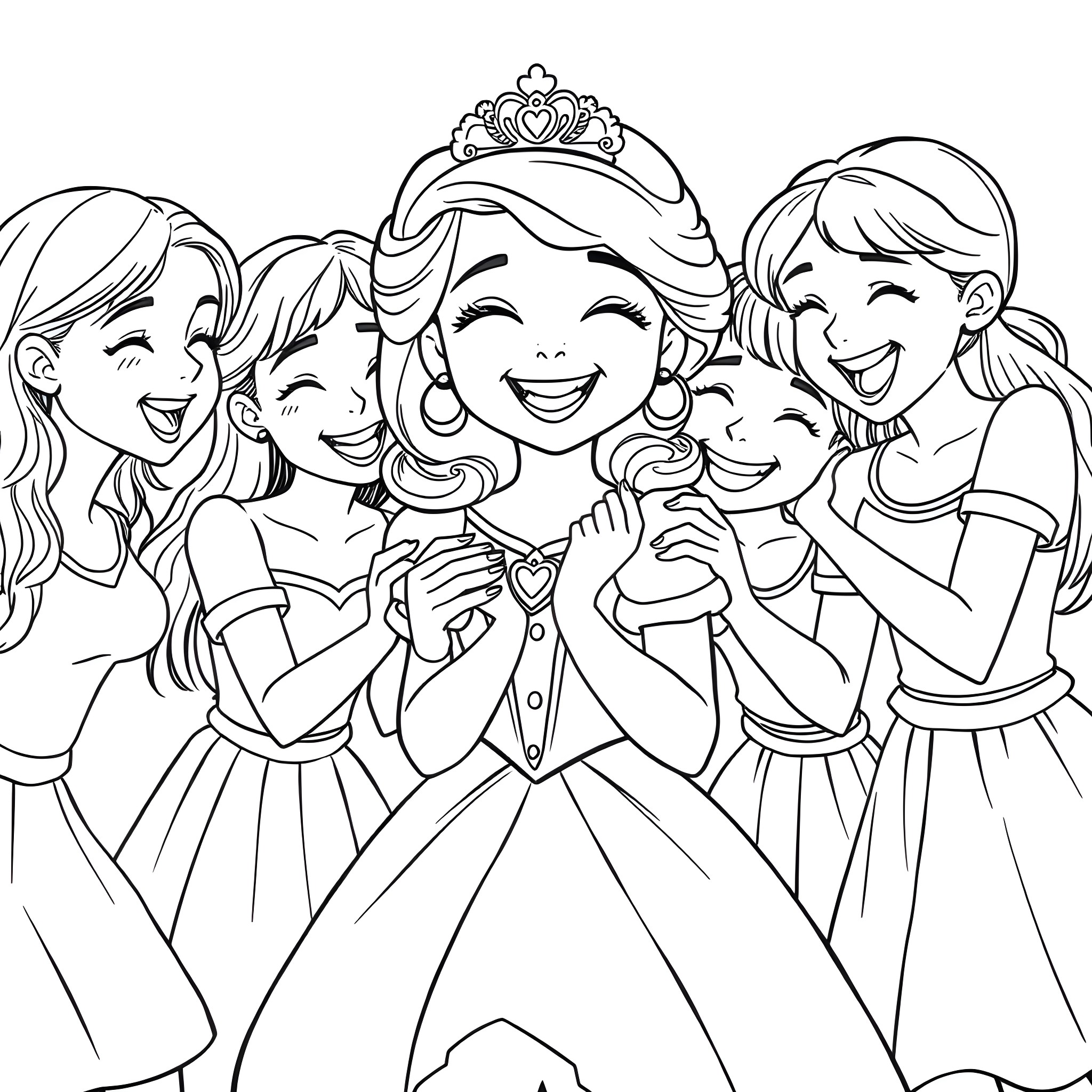 Sofia's Joyful Gathering with Friends Coloring Page (free black-and-white line drawing printable PDF for all, from beginners to advanced learners, including children, teens, adults, and seniors)