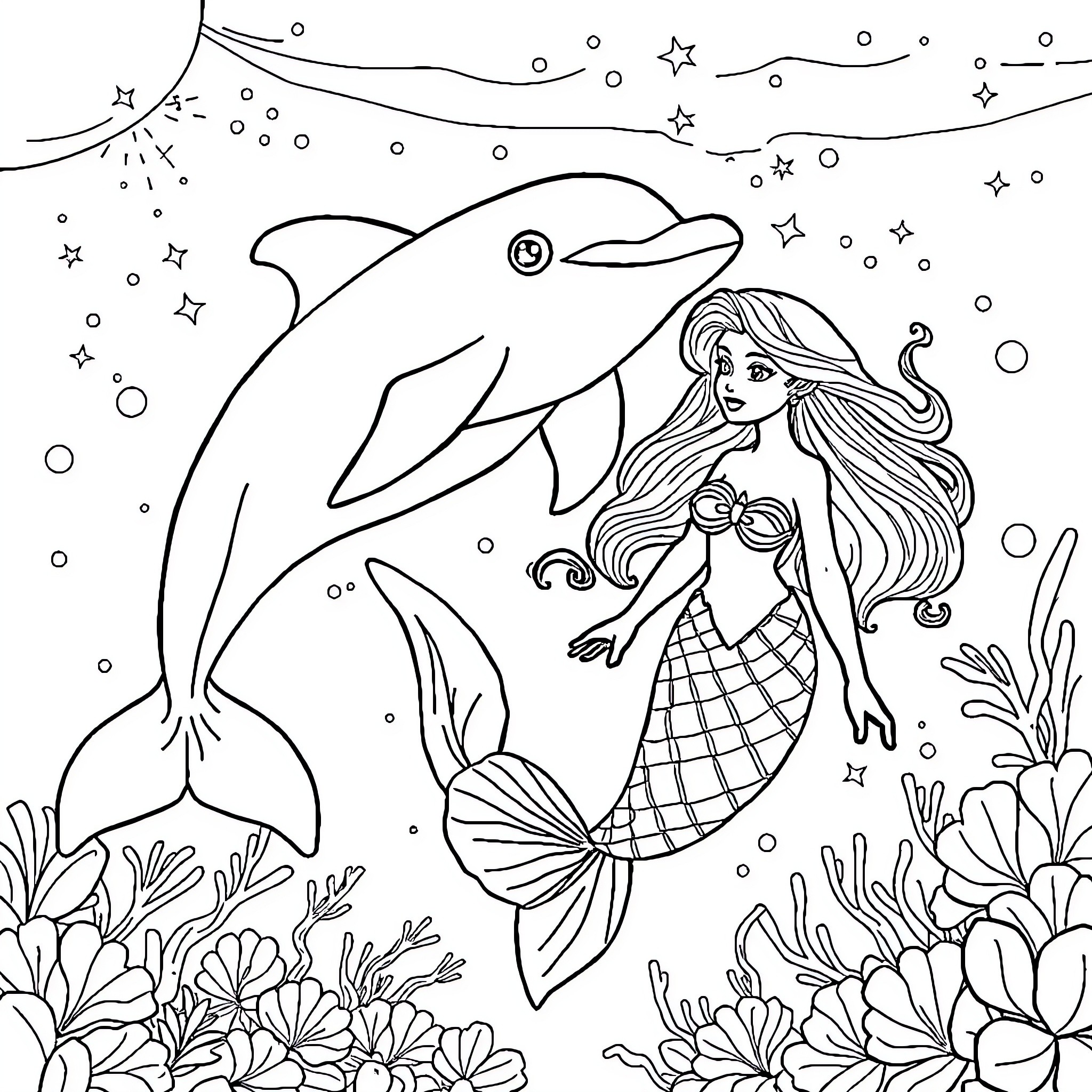 Dolphin and Mermaid in Underwater Wonderland Coloring Page (free black-and-white line drawing printable PDF for all, from beginners to advanced learners, including children, teens, adults, and seniors)