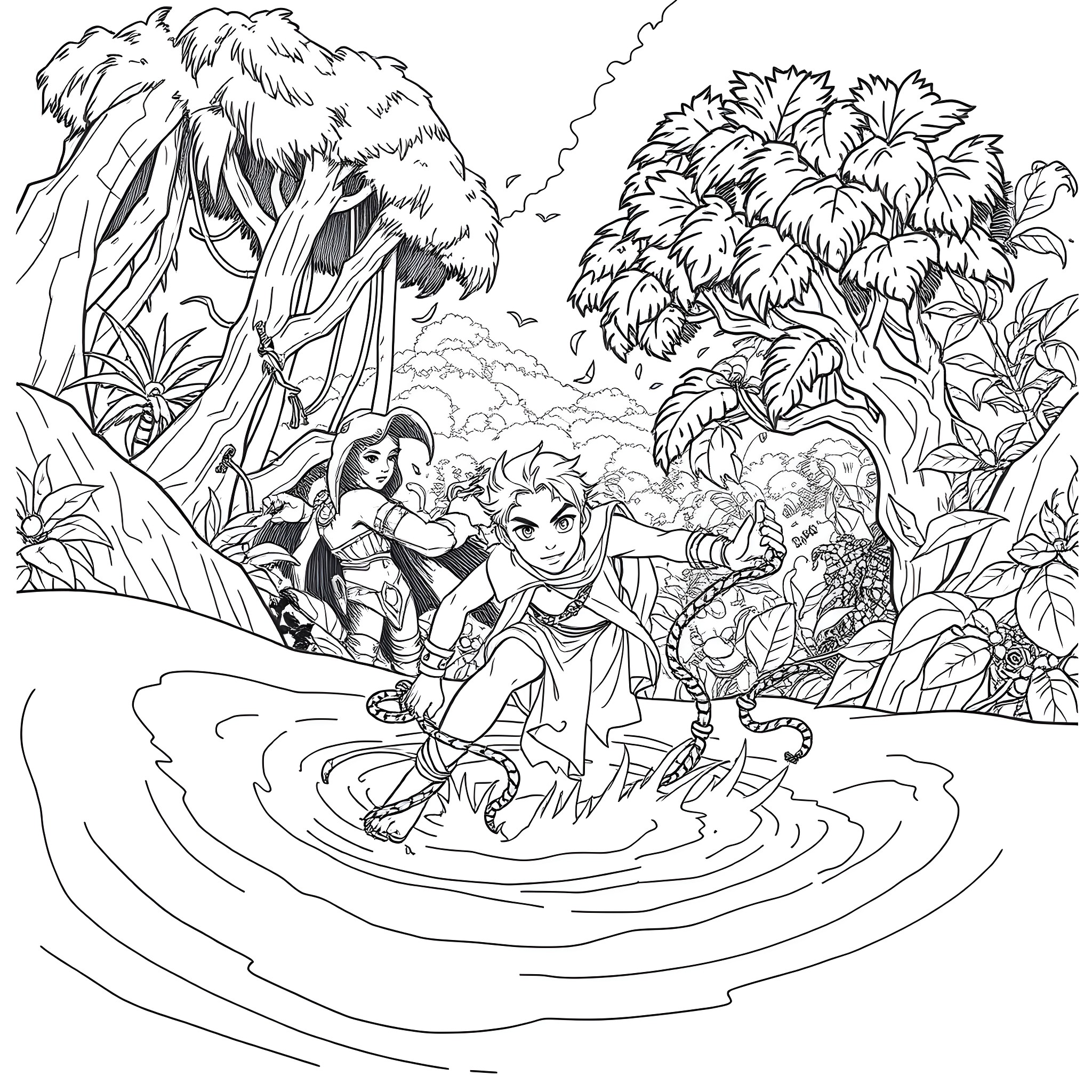 Astolfo's Adventurous Escapade in the Lush Jungle Coloring Page (free black-and-white line drawing printable PDF for all, from beginners to advanced learners, including children, teens, adults, and seniors)