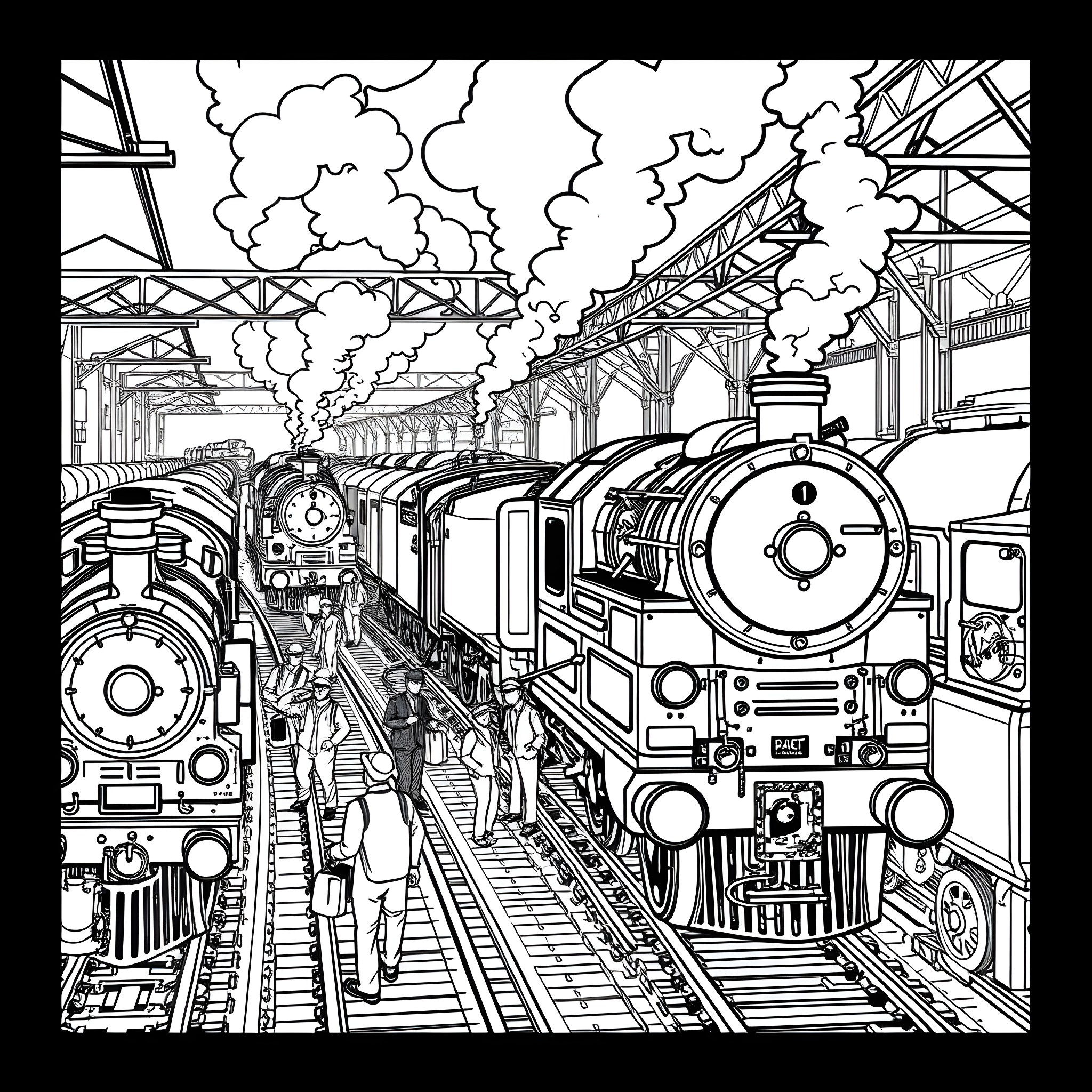 Train Station with Bustling Steam Locomotives Coloring Page (free black-and-white line drawing printable PDF for all, from beginners to advanced learners, including children, teens, adults, and seniors)