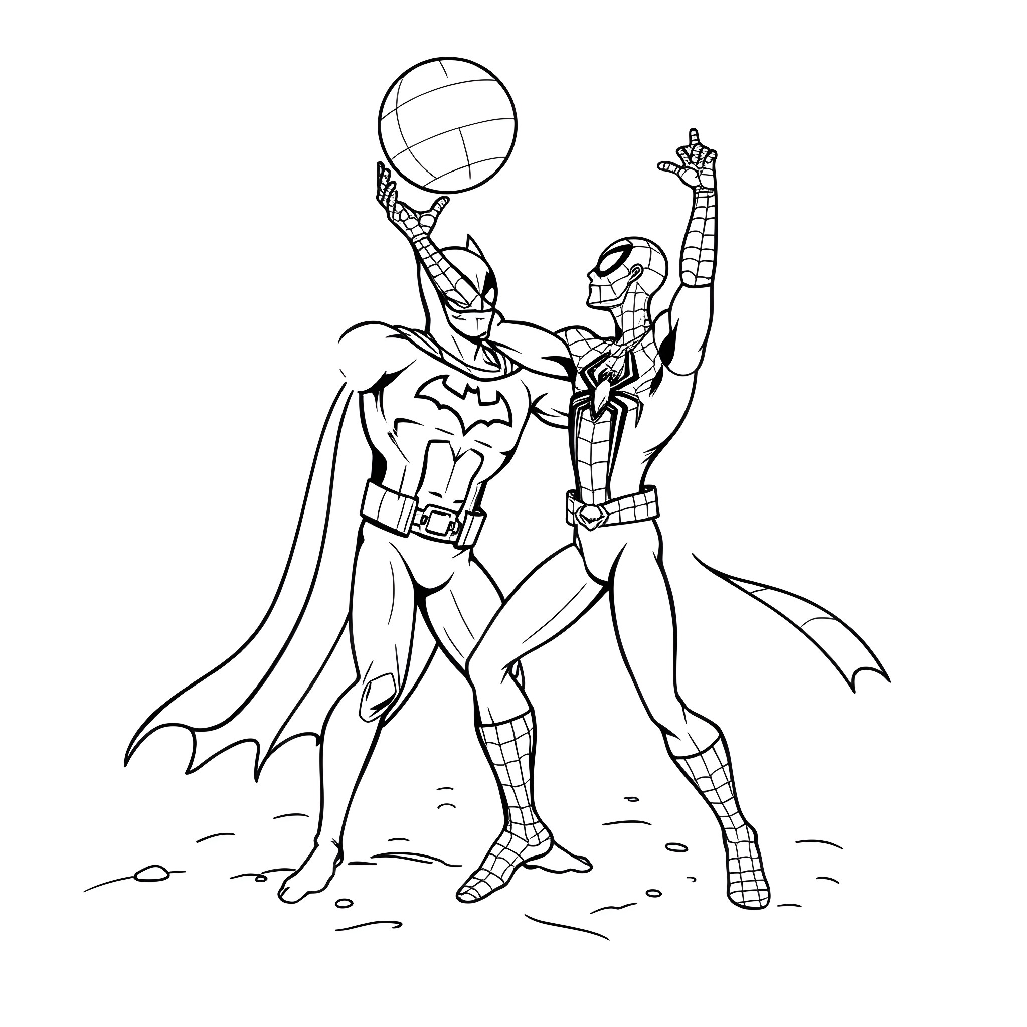 Batman and Alien Superhero Collaboration in Action Coloring Page (free black-and-white line drawing printable PDF for all, from beginners to advanced learners, including children, teens, adults, and seniors)