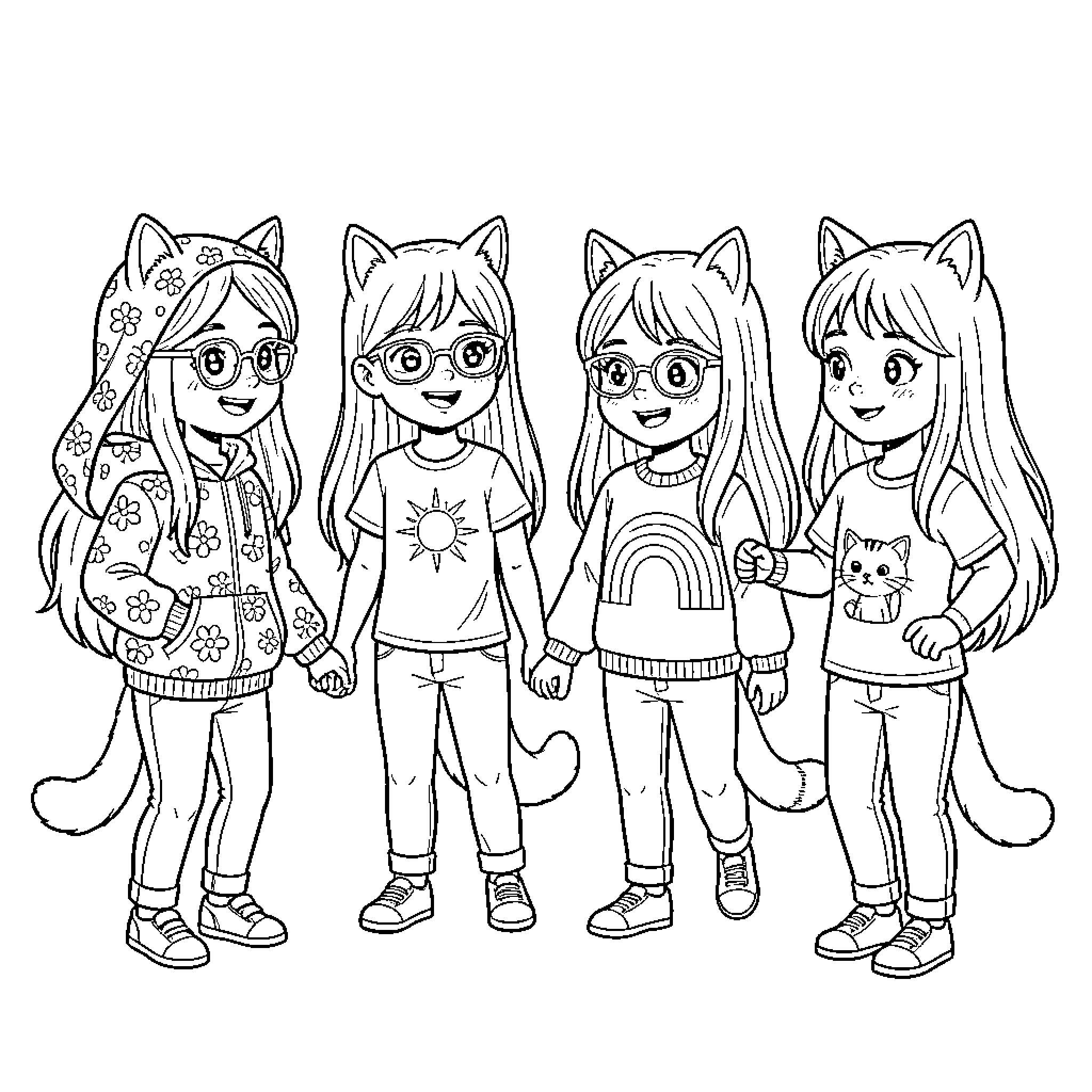 Fille Characters Illustrated in Anime Style Coloring Page (free black-and-white line drawing printable PDF for all, from beginners to advanced learners, including children, teens, adults, and seniors)