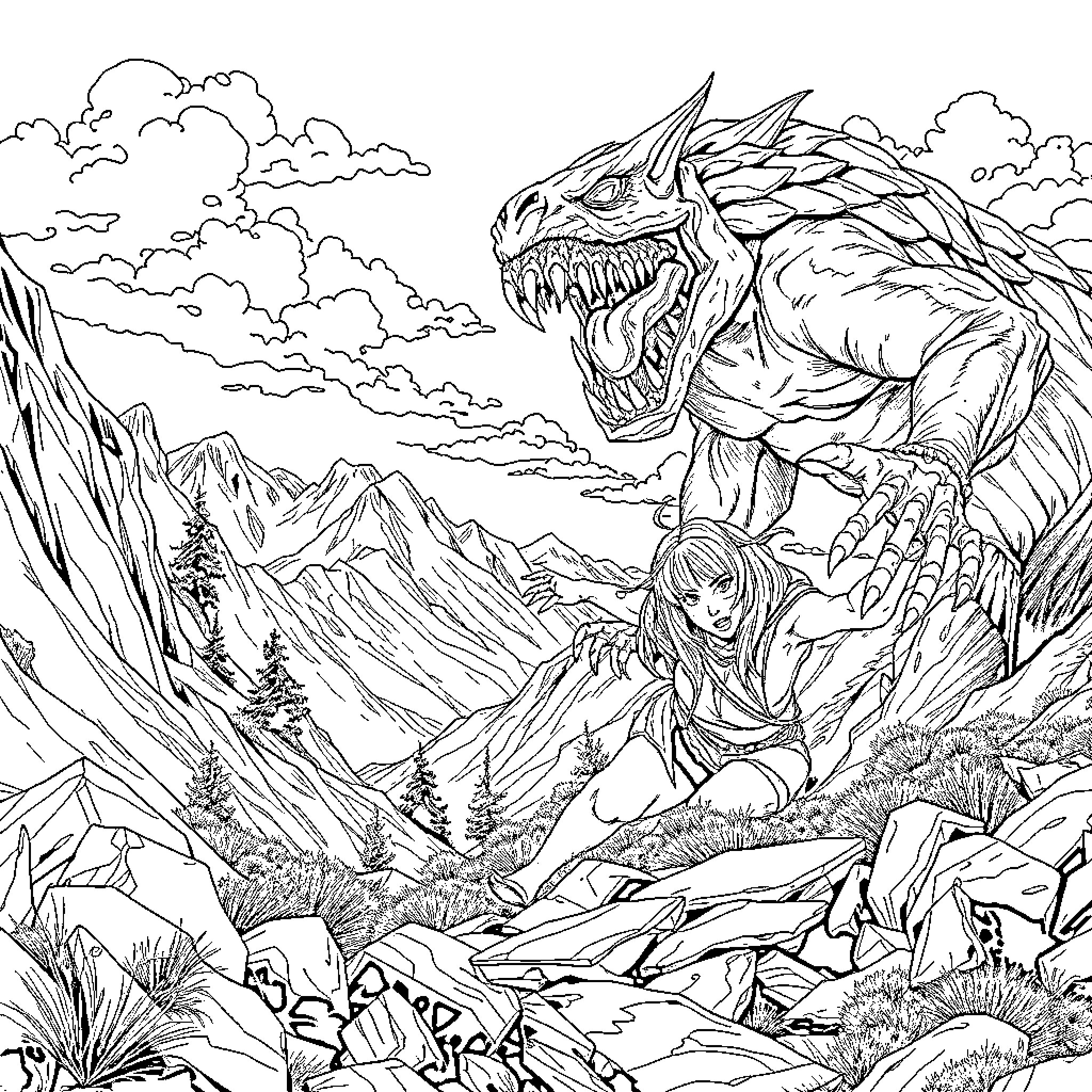 Woman confronting fierce dragon in mountainous landscape Coloring Page (free black-and-white line drawing printable PDF for all, from beginners to advanced learners, including children, teens, adults, and seniors)