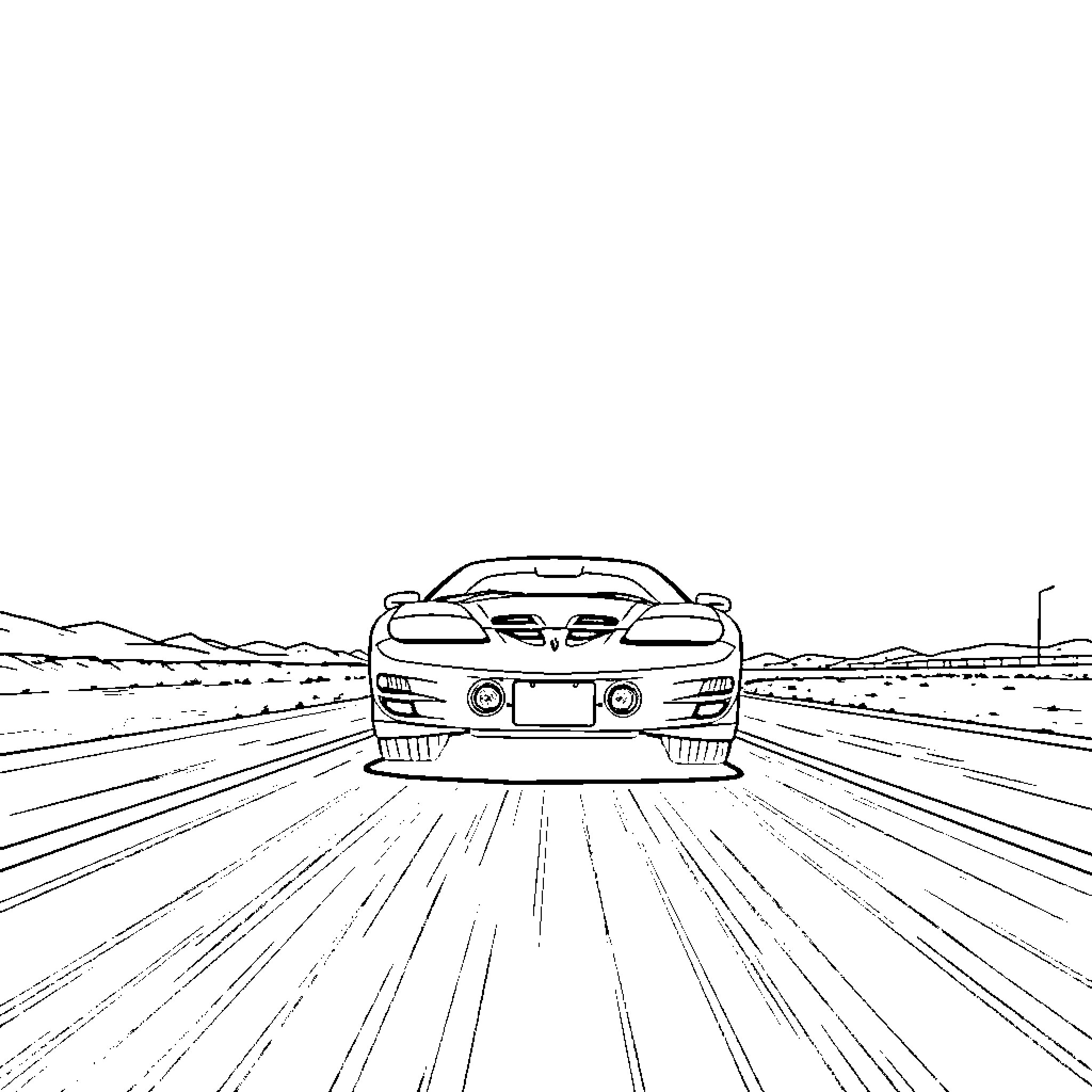 Trans Am speeding down an open road Coloring Page (free black-and-white line drawing printable PDF for all, from beginners to advanced learners, including children, teens, adults, and seniors)