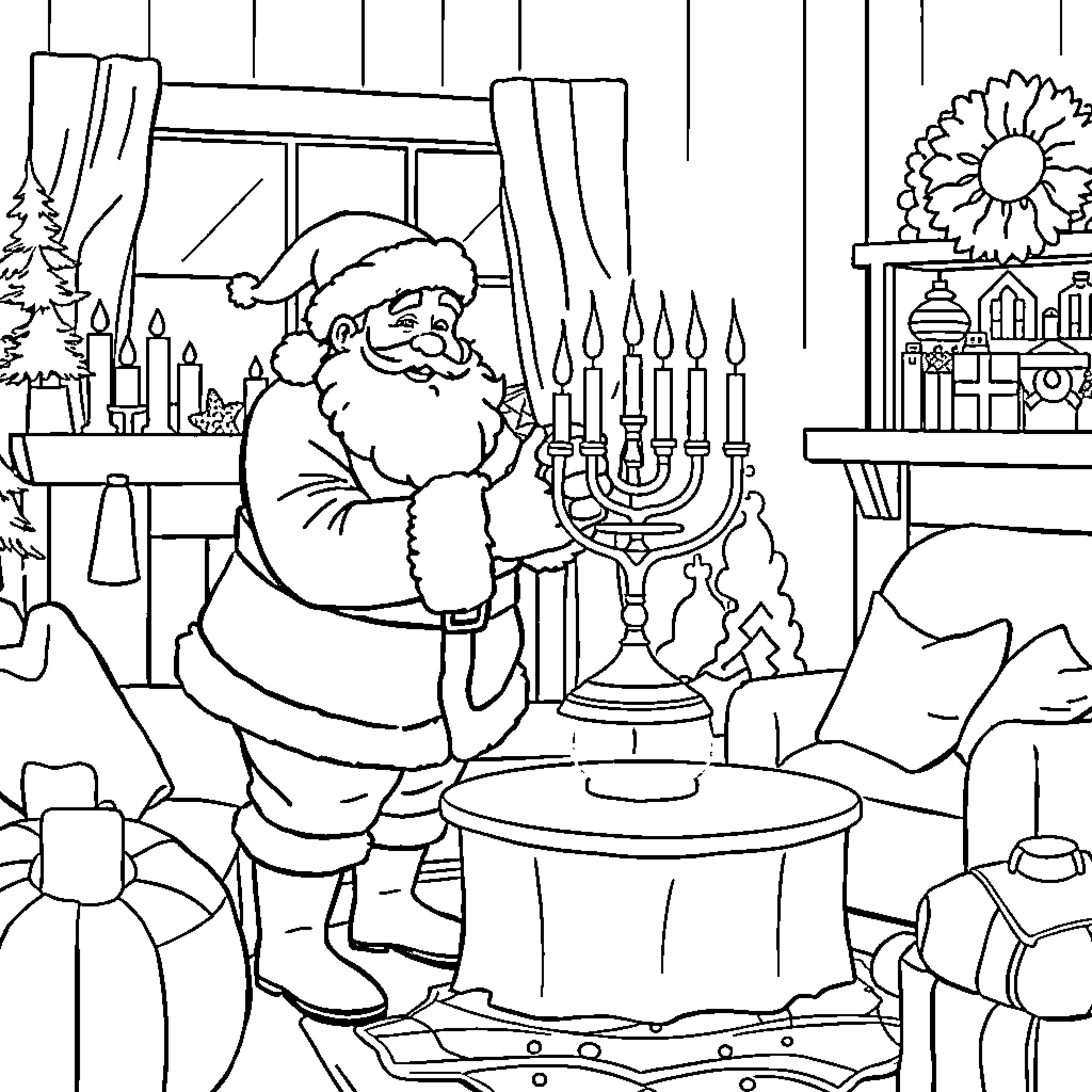 Santa Lighting Candles in Festive Living Room Coloring Page (free black-and-white line drawing printable PDF for all, from beginners to advanced learners, including children, teens, adults, and seniors)