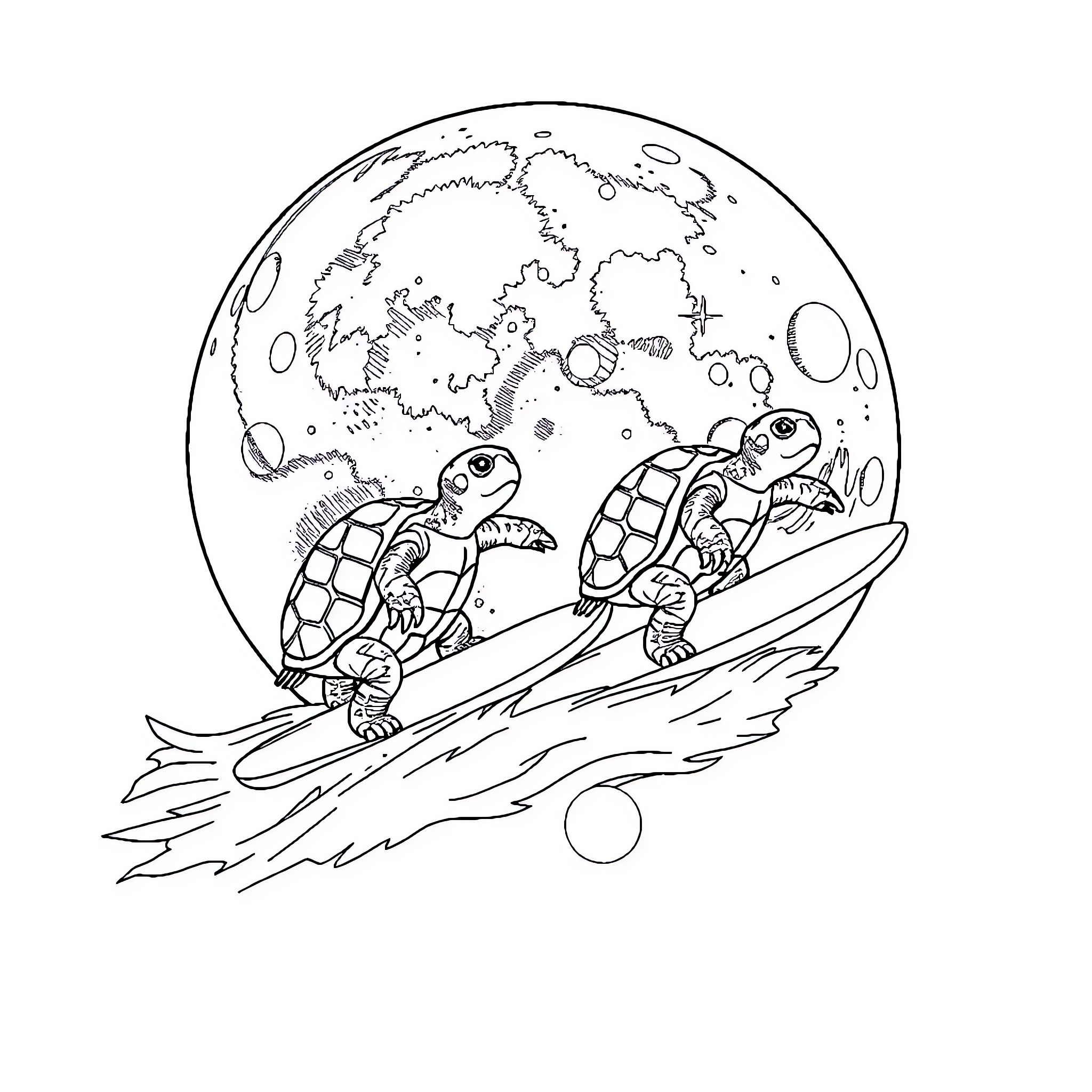 Turtle surfing across the moon Coloring Page (free black-and-white line drawing printable PDF for all, from beginners to advanced learners, including children, teens, adults, and seniors)