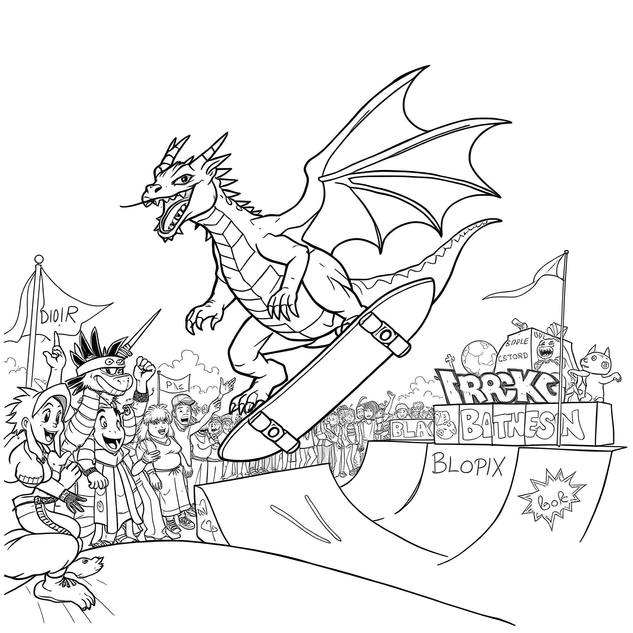 Dragon soaring above a fantastical city landscape Coloring Page (free black-and-white line drawing printable PDF for all, from beginners to advanced learners, including children, teens, adults, and seniors)