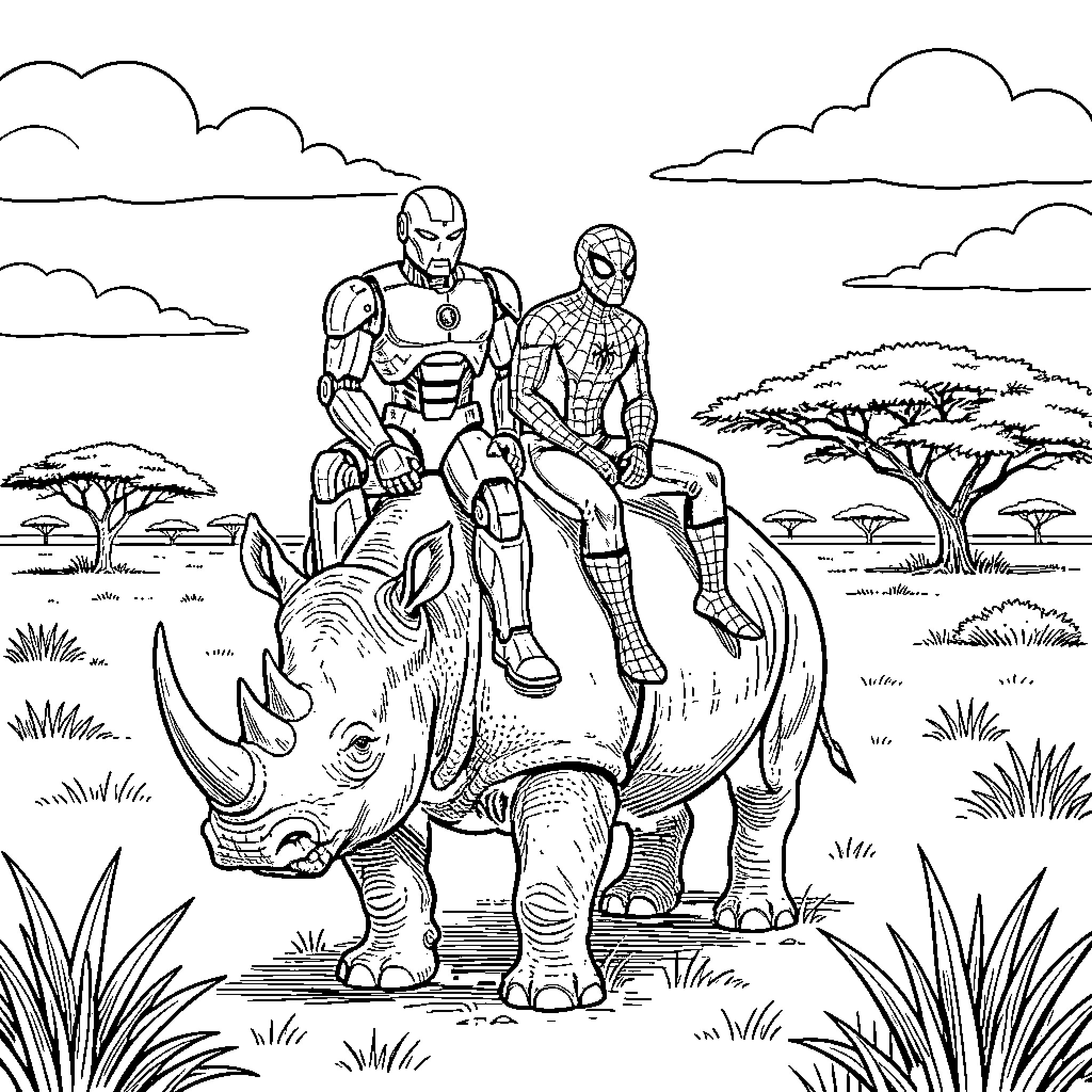 Rhinoceros carrying superheroes across a savanna landscape Coloring Page (free black-and-white line drawing printable PDF for all, from beginners to advanced learners, including children, teens, adults, and seniors)