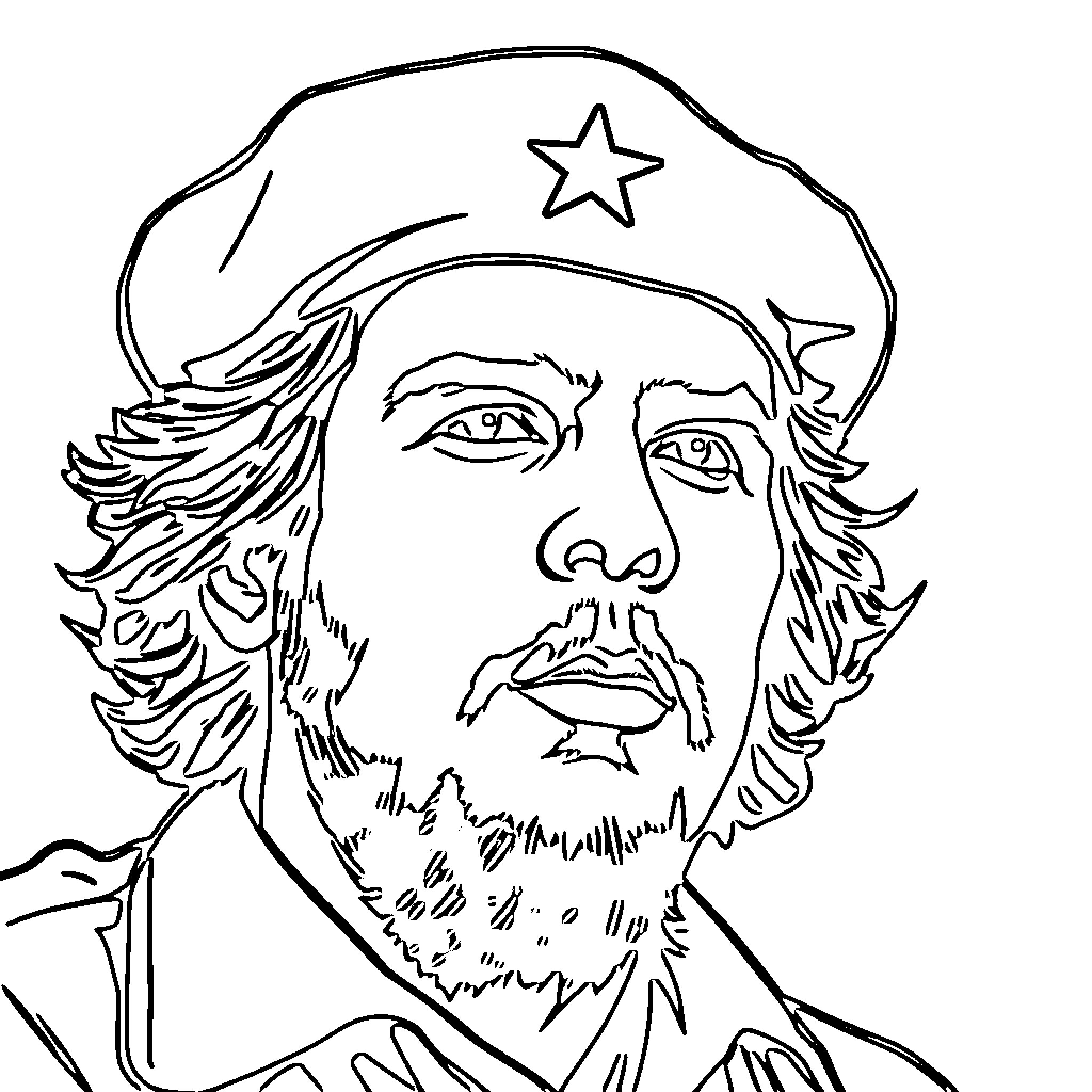 Che Guevara in Revolutionary Pose Coloring Page (free black-and-white line drawing printable PDF for all, from beginners to advanced learners, including children, teens, adults, and seniors)