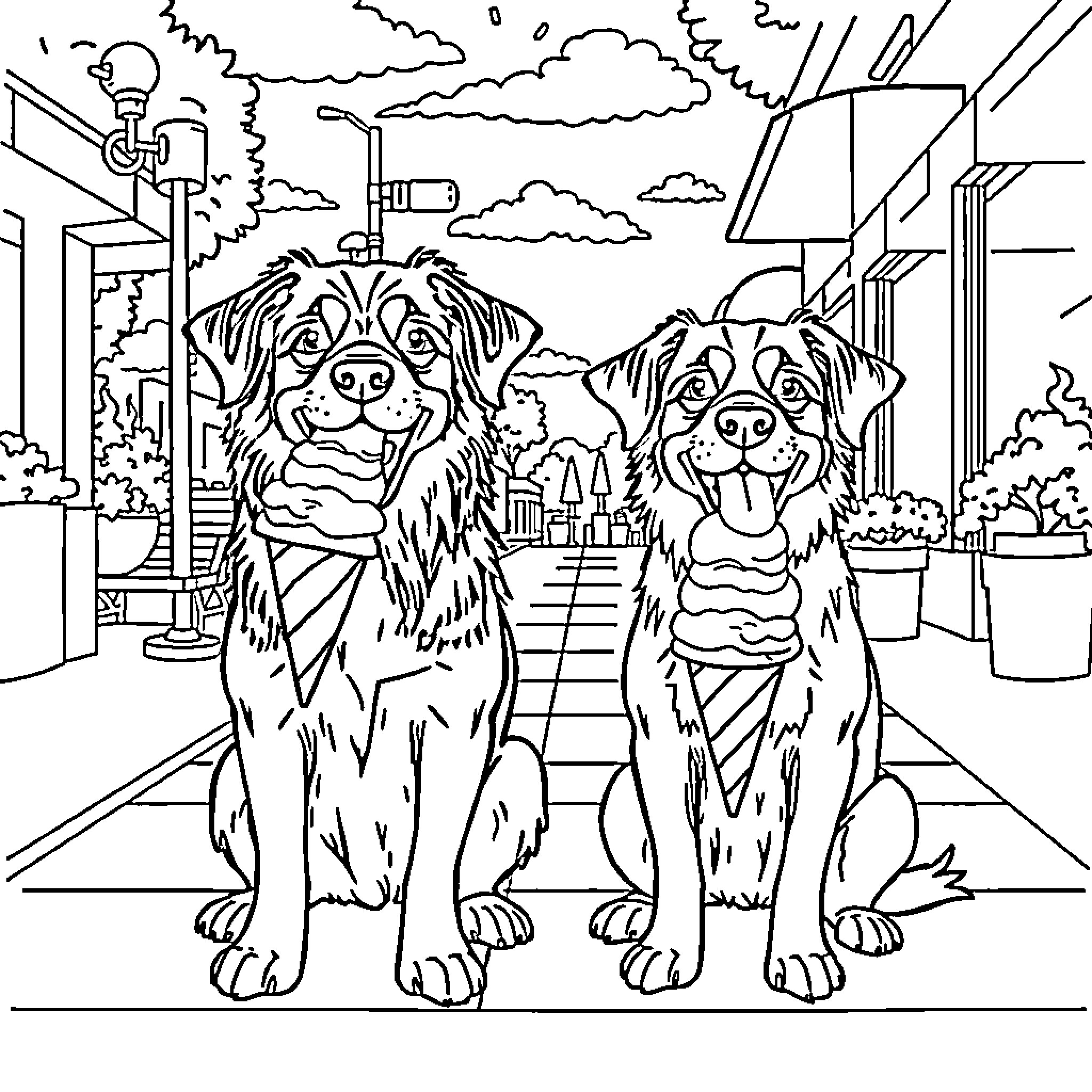 Dog duo posing in front of urban scene Coloring Page (free black-and-white line drawing printable PDF for all, from beginners to advanced learners, including children, teens, adults, and seniors)