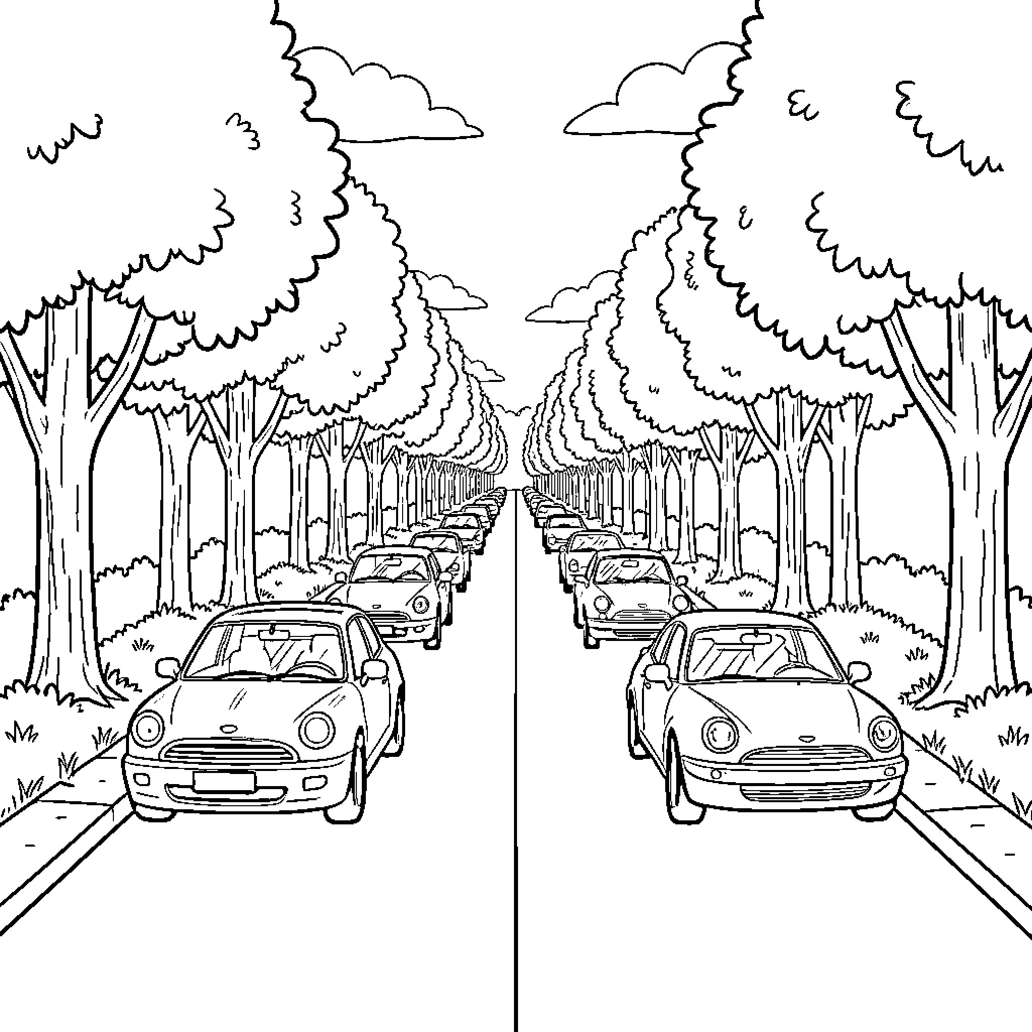 Car race on winding forest road Coloring Page (free black-and-white line drawing printable PDF for all, from beginners to advanced learners, including children, teens, adults, and seniors)