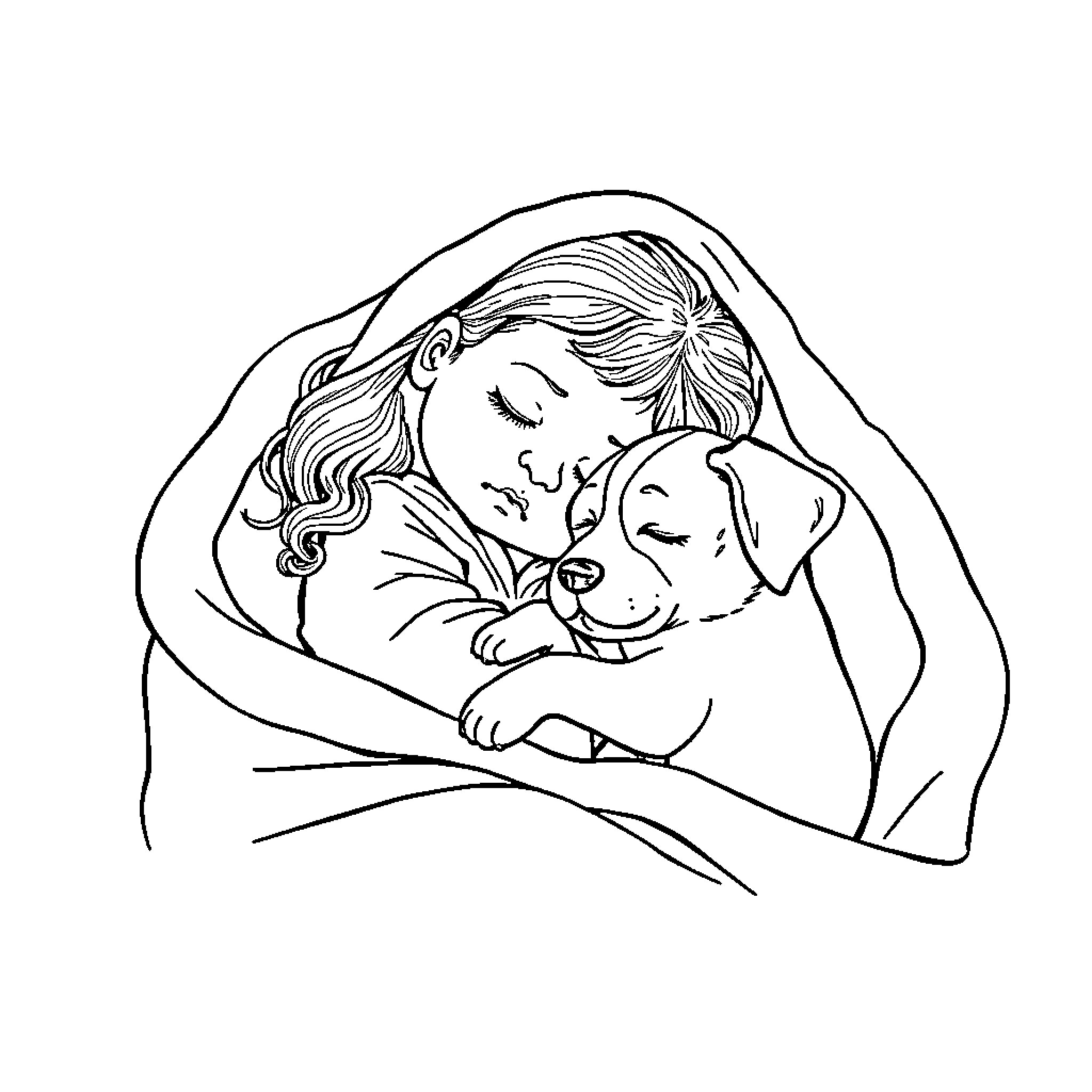 Baby bonding with beloved pet Coloring Page (free black-and-white line drawing printable PDF for all, from beginners to advanced learners, including children, teens, adults, and seniors)
