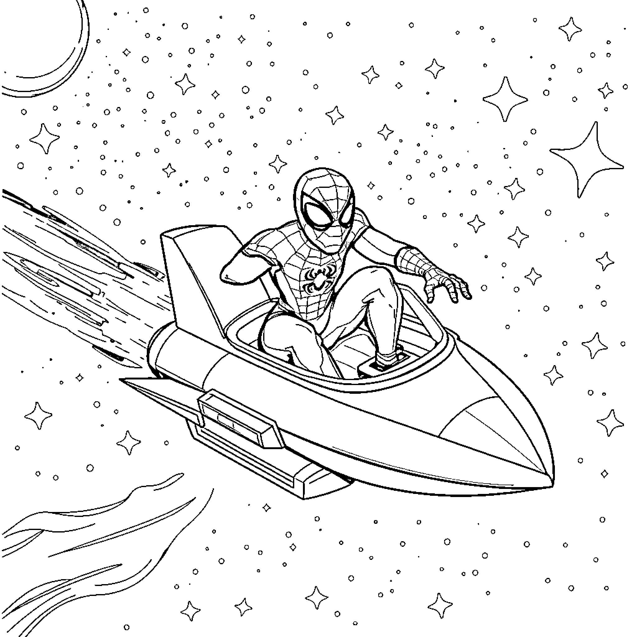 Spiderman racing through the starry night sky Coloring Page (free black-and-white line drawing printable PDF for all, from beginners to advanced learners, including children, teens, adults, and seniors)