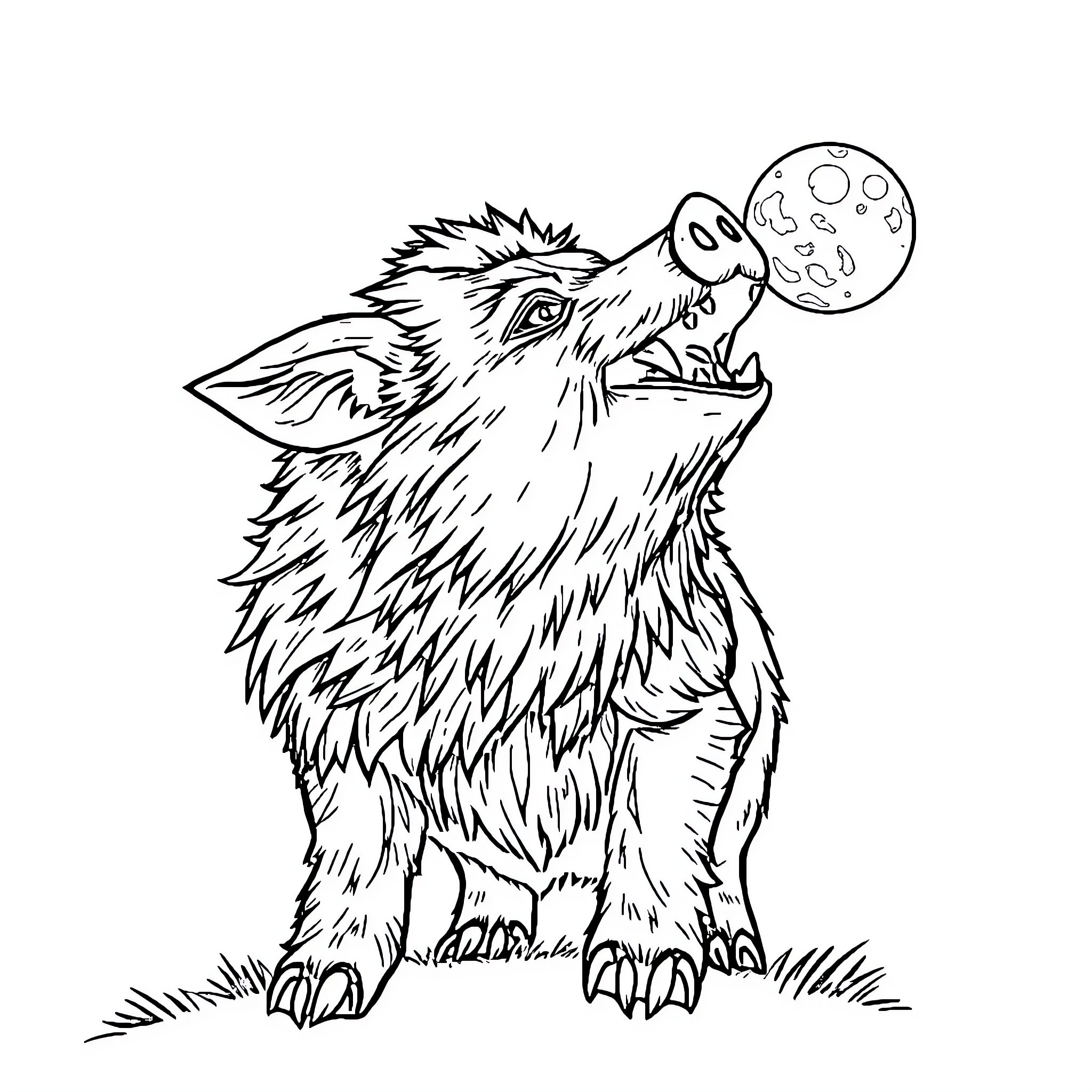 Werewolf howling at the full moon Coloring Page (free black-and-white line drawing printable PDF for all, from beginners to advanced learners, including children, teens, adults, and seniors)