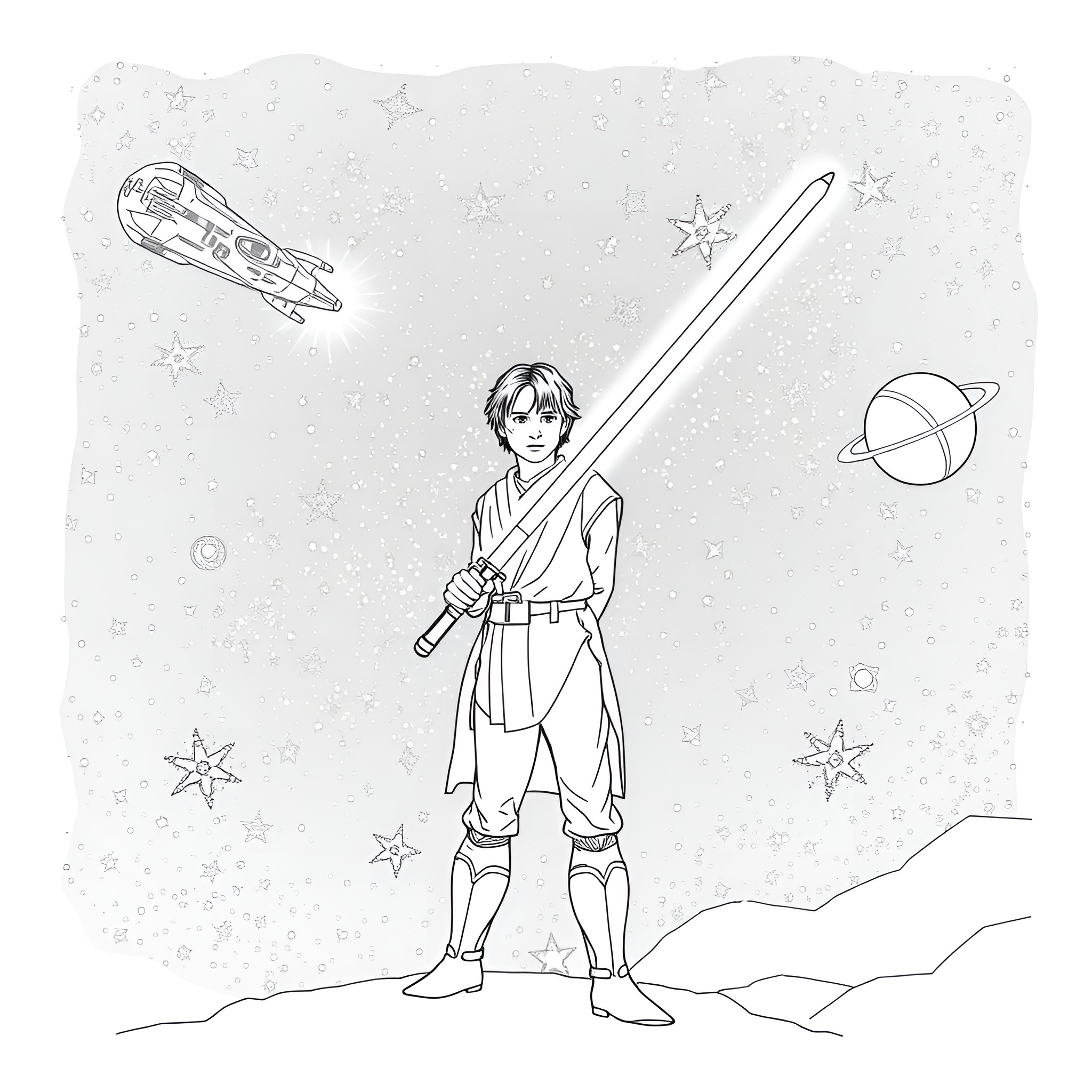 Luke Skywalker in a heroic pose with lightsaber Coloring Page (free black-and-white line drawing printable PDF for all, from beginners to advanced learners, including children, teens, adults, and seniors)