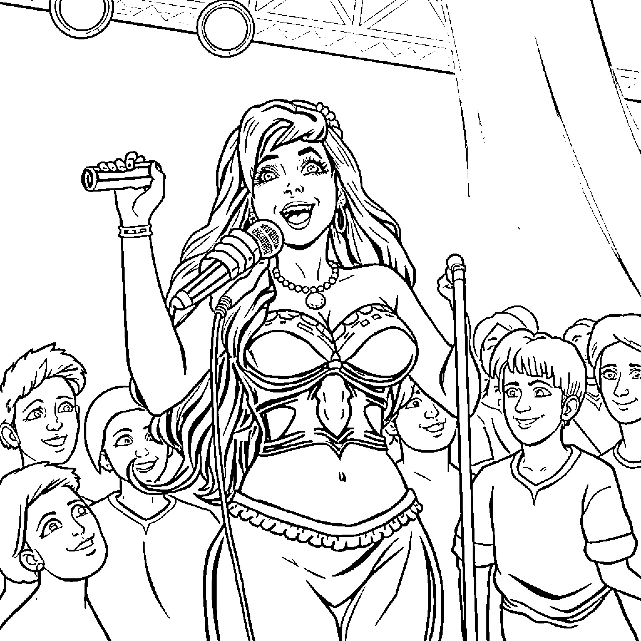 Xena Performing for Enthusiastic Audience Coloring Page (free black-and-white line drawing printable PDF for all, from beginners to advanced learners, including children, teens, adults, and seniors)