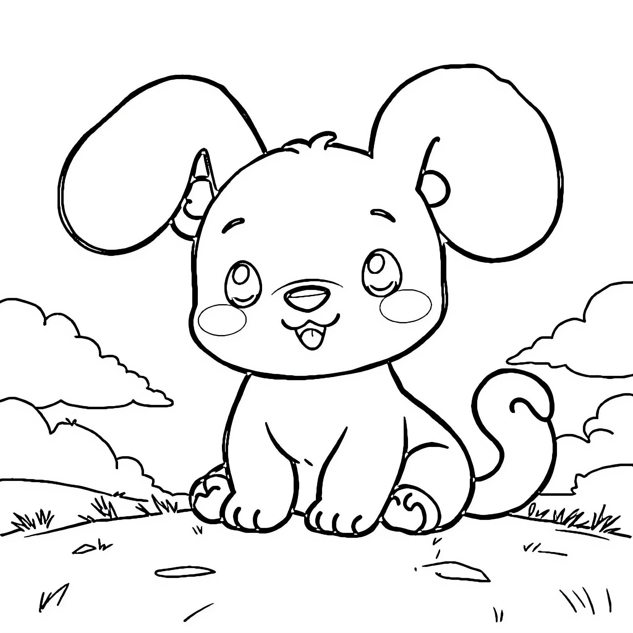 Cinnamoroll playing happily in the outdoors Coloring Page (free black-and-white line drawing printable PDF for all, from beginners to advanced learners, including children, teens, adults, and seniors)