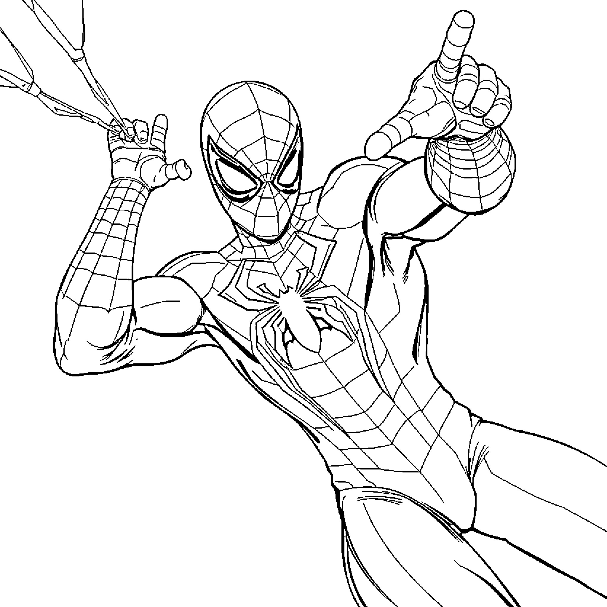 Spiderman swinging into action Coloring Page (free black-and-white line drawing printable PDF for all, from beginners to advanced learners, including children, teens, adults, and seniors)