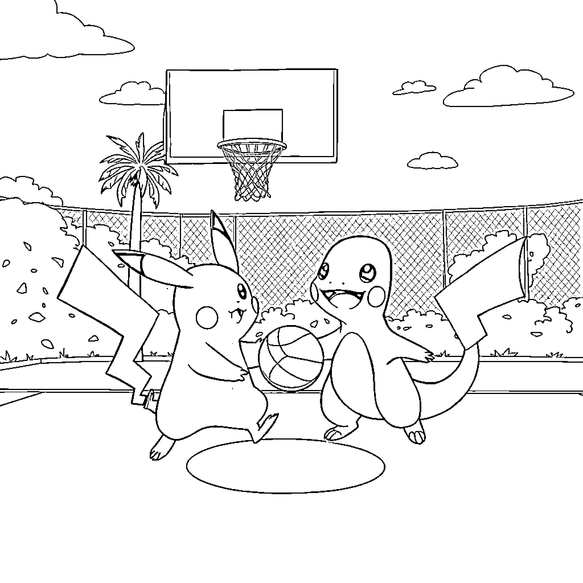 Pikachu and Charmander Playing Basketball on the Beach Coloring Page (free black-and-white line drawing printable PDF for all, from beginners to advanced learners, including children, teens, adults, and seniors)