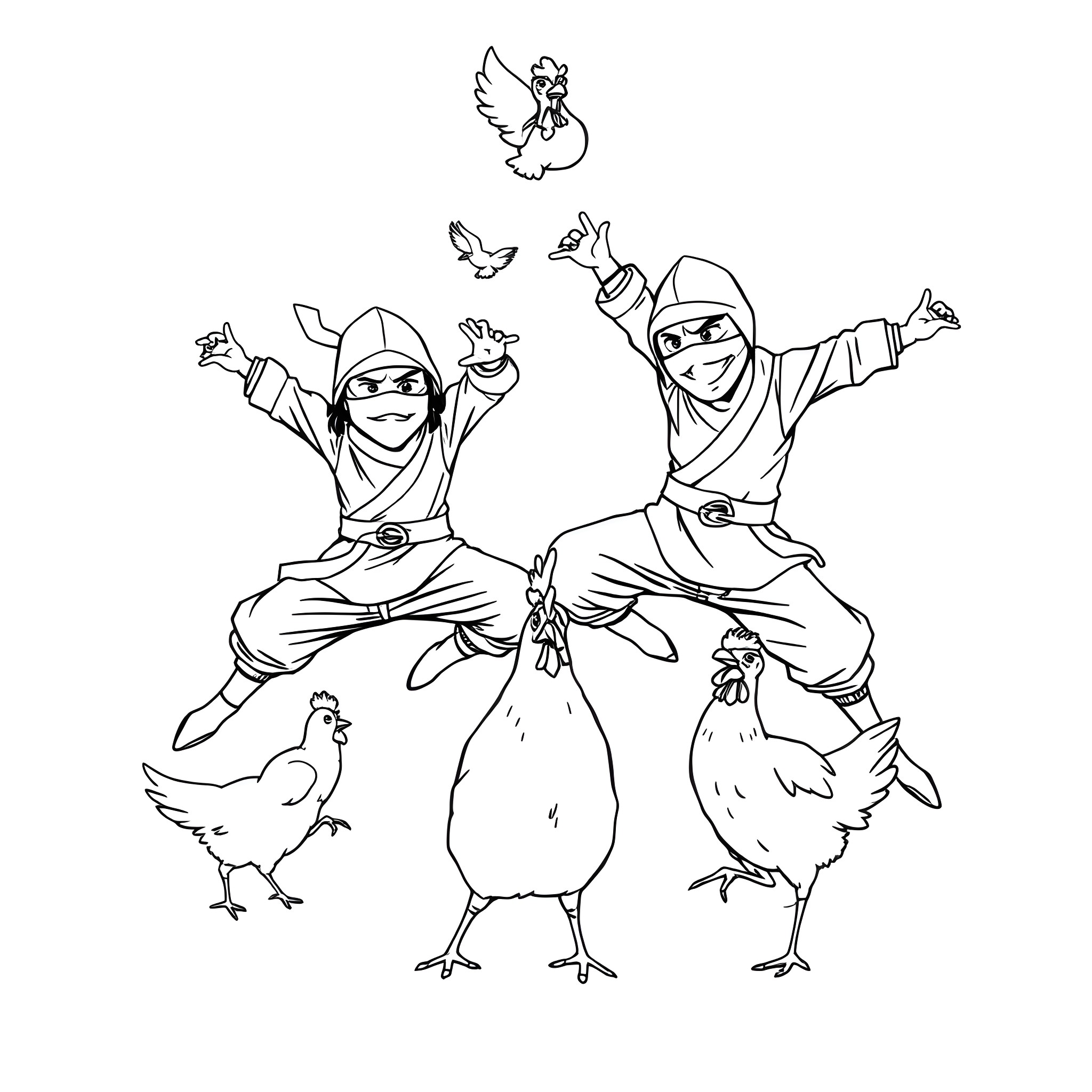 Ninja warriors celebrating with birds and chickens Coloring Page (free black-and-white line drawing printable PDF for all, from beginners to advanced learners, including children, teens, adults, and seniors)
