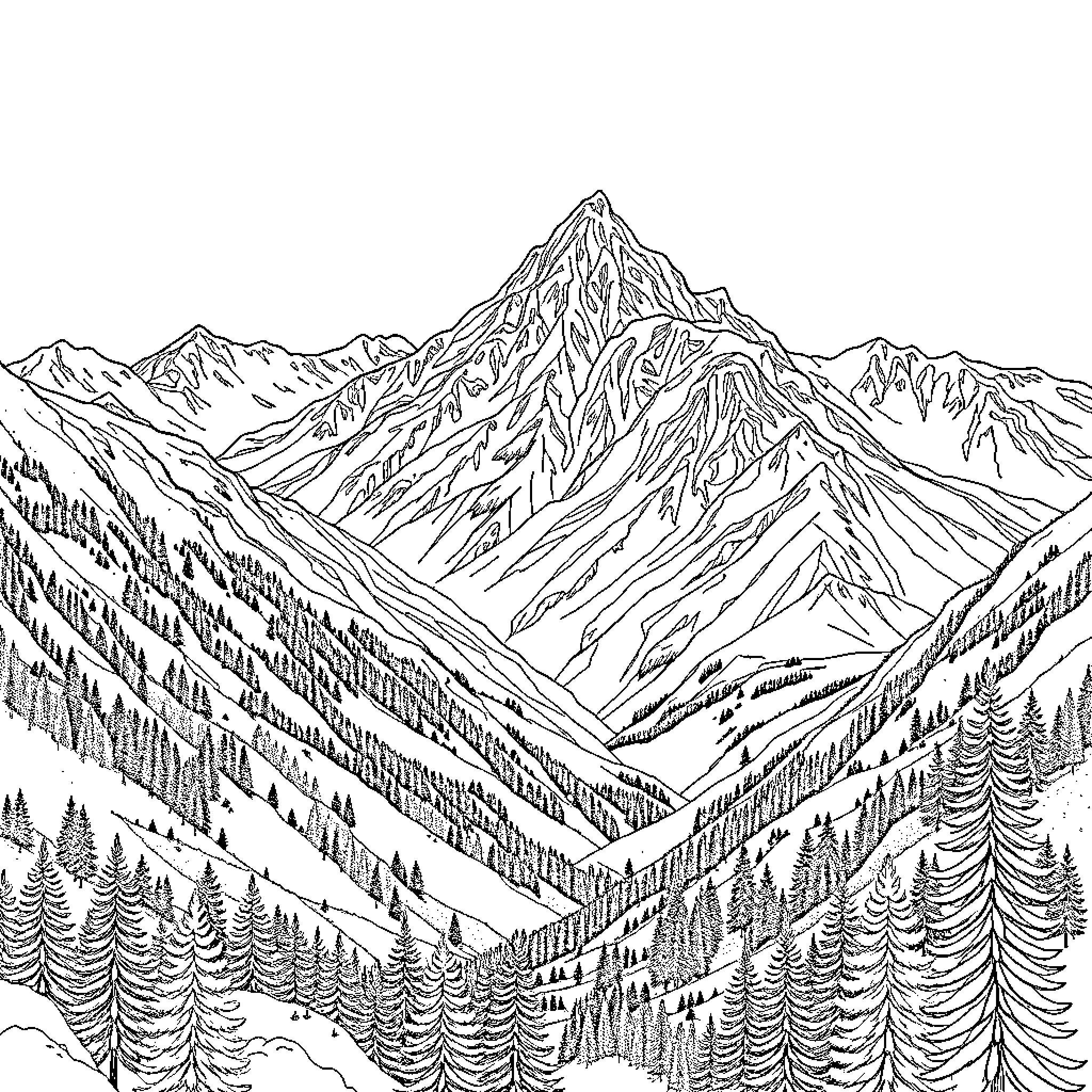 Mountain landscape with coniferous forest and rugged peaks Coloring Page (free black-and-white line drawing printable PDF for all, from beginners to advanced learners, including children, teens, adults, and seniors)
