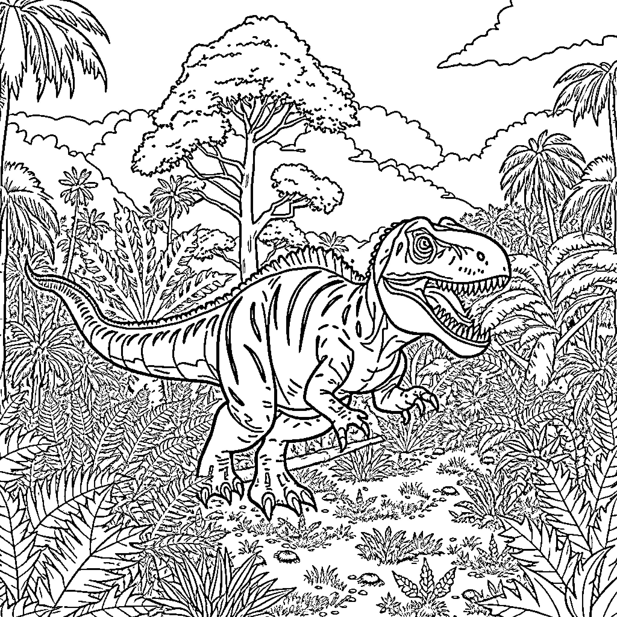 Distortus Rex in the Prehistoric Jungle Coloring Page (free black-and-white line drawing printable PDF for all, from beginners to advanced learners, including children, teens, adults, and seniors)