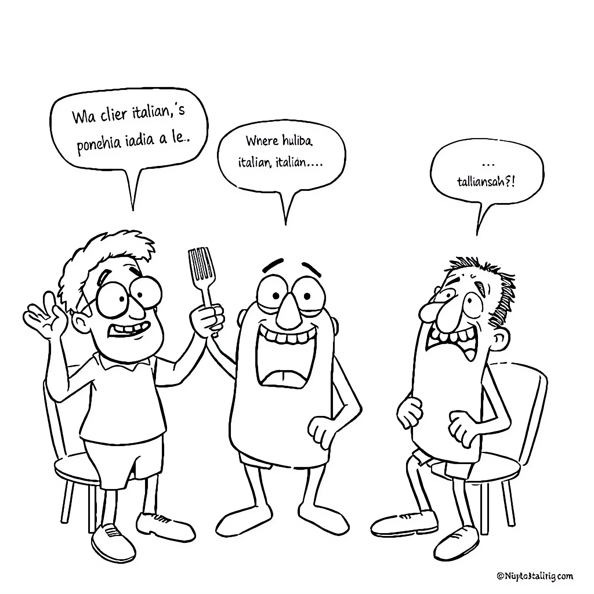 Italian Memes: Humorous Interactions and Expressions Coloring Page (free black-and-white line drawing printable PDF for all, from beginners to advanced learners, including children, teens, adults, and seniors)